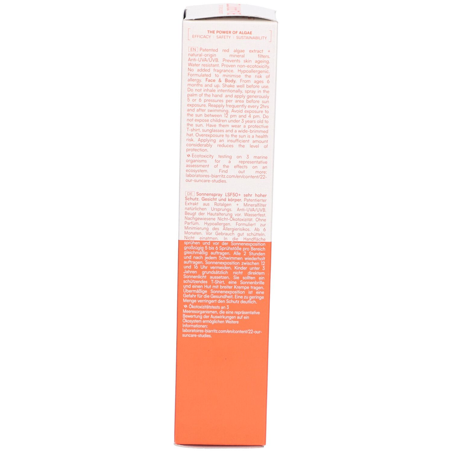 Emballage de crème solaire, dos. Texte sur fond orange.