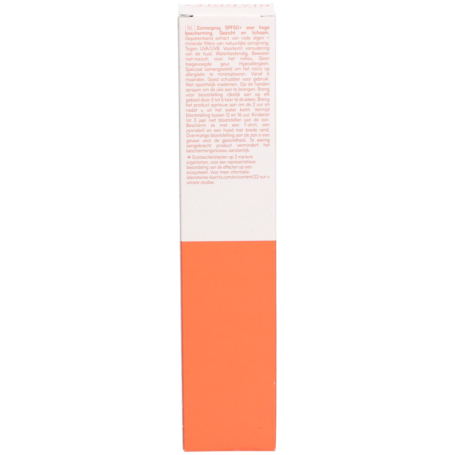 Emballage de crème solaire, côté. Texte sur fond orange.