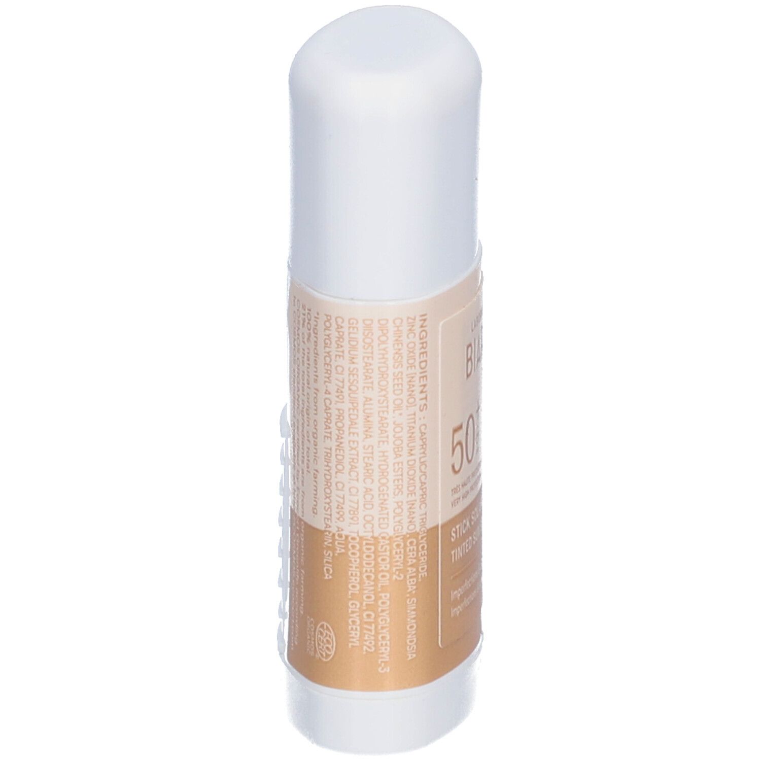 Stick blanc incliné, vue de dessus. Étiquette beige avec texte et ingrédients. Visible: LABORATOIRES DE BIARRITZ, 50+.