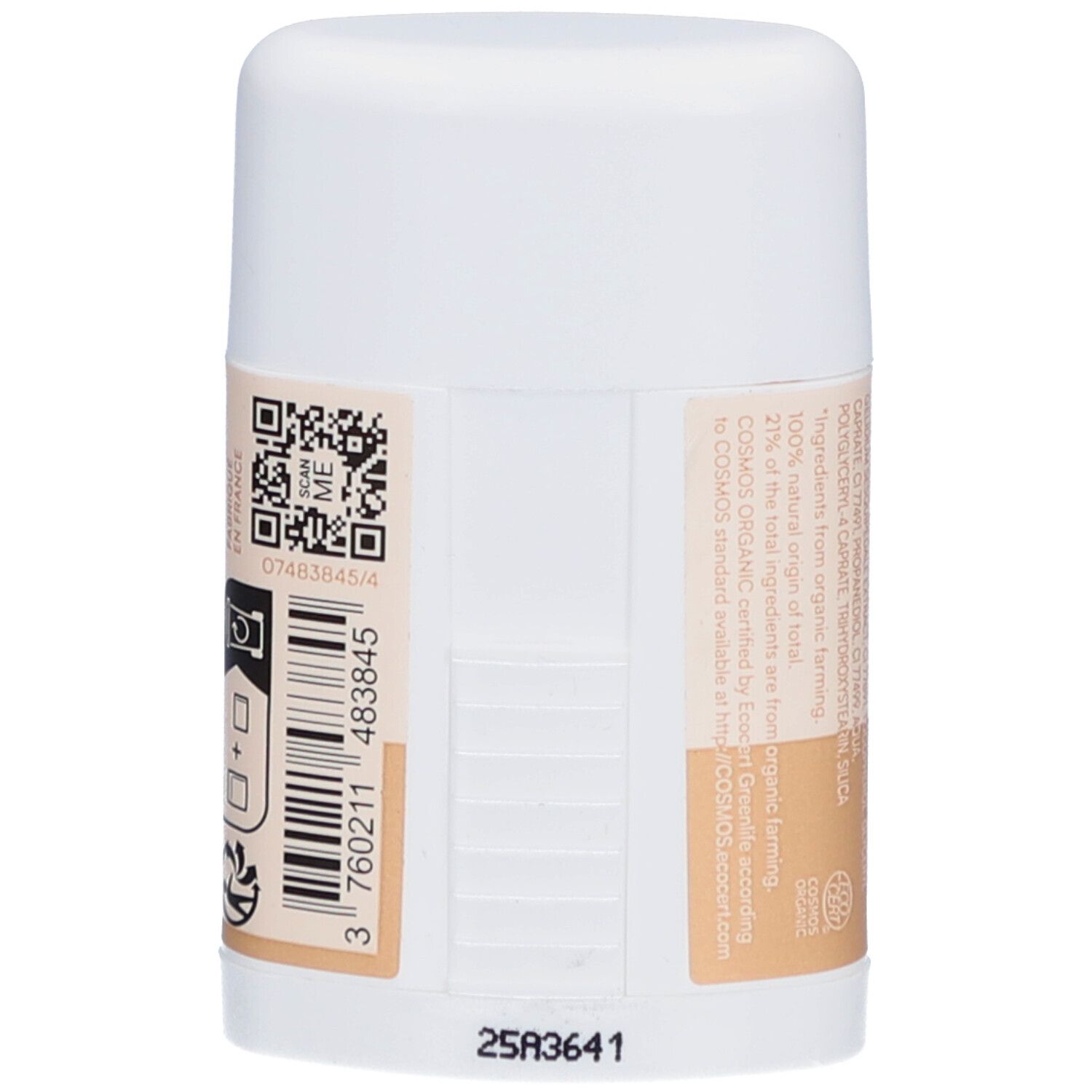 Dos d'un stick blanc. Étiquette beige avec code-barres, QR code et texte. Inscription: 3 760211 483845.