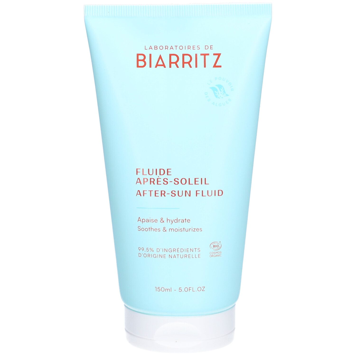 Lichtblauwe tube. Opschrift: "LABORATOIRES DE BIARRITZ". Tekst: "FLUIDE APRES-SOLEIL AFTER-SUN FLUID". "Apaise & hydrate". Bio-label.