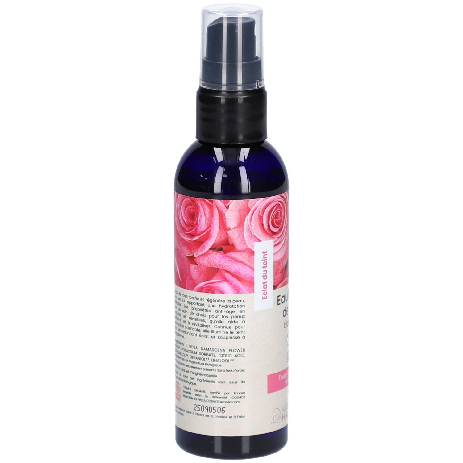 Achteraanzicht van de fles. Etiket met tekst en ingrediënten. Rozenmotief. Bio-certificering. Productnaam: Eau florale de rose biologique.