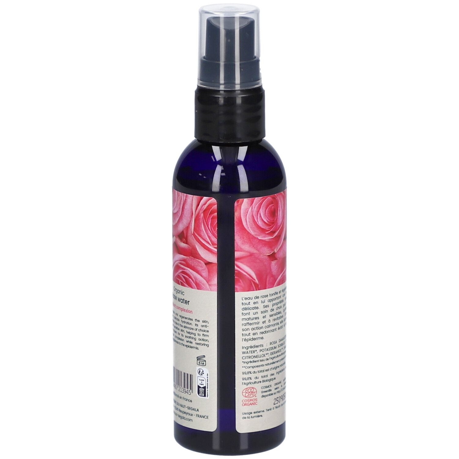 Achteraanzicht van de fles. Etiket met tekst en ingrediënten. Rozenmotief. Bio-certificering. Productnaam: Eau florale de rose biologique.