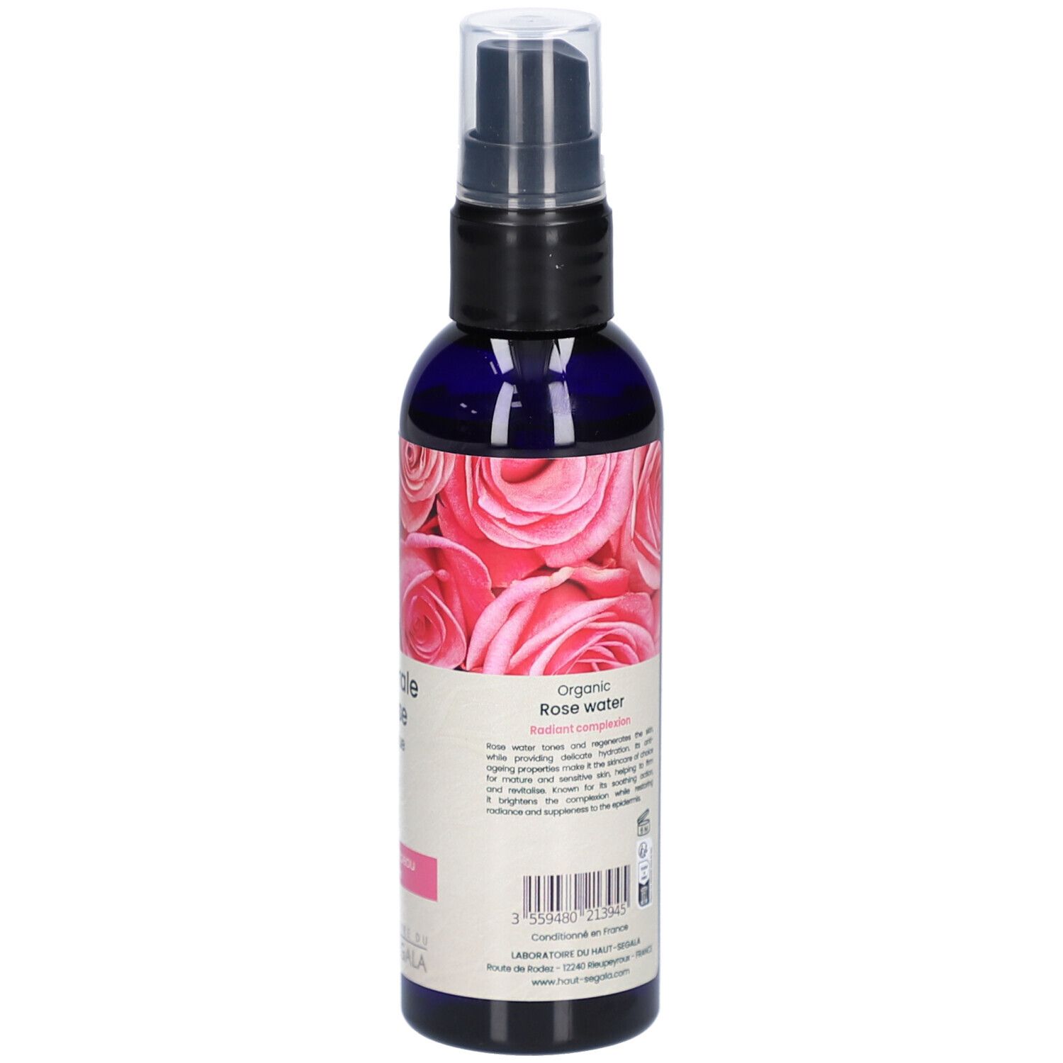 Achteraanzicht van de fles. Etiket met tekst en ingrediënten. Rozenmotief. Bio-certificering. Productnaam: Eau florale de rose biologique.