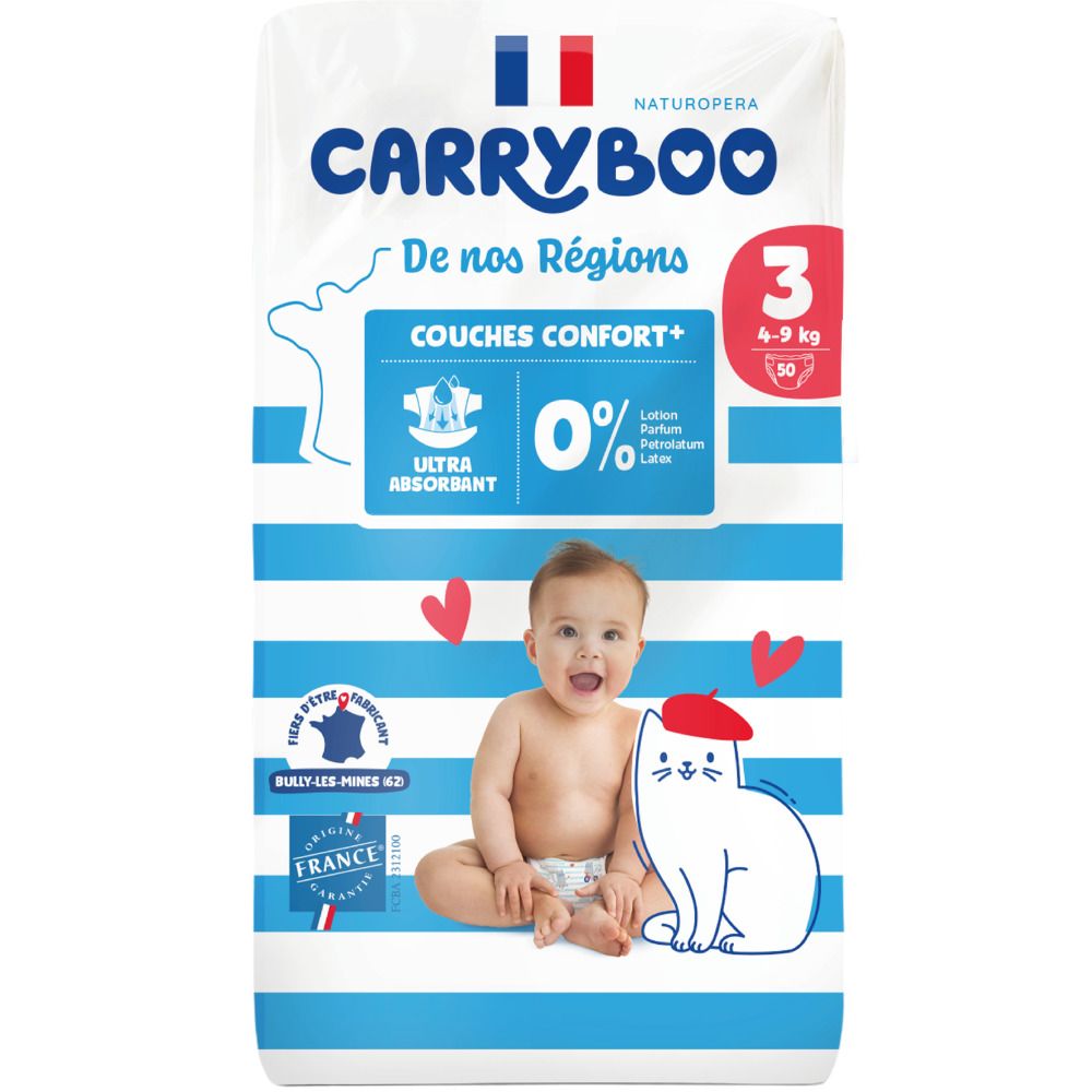 Pack de couches Carryboo taille 3 pour bébés de 4-9 kg, 50 unités, rayures bleues et motif bébé.