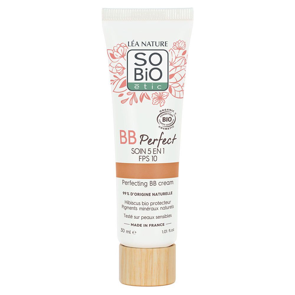 Tube BB Perfect crème van SO BIO étic. Medium tint. Bio-certificering. Houten dop. Franse tekst.