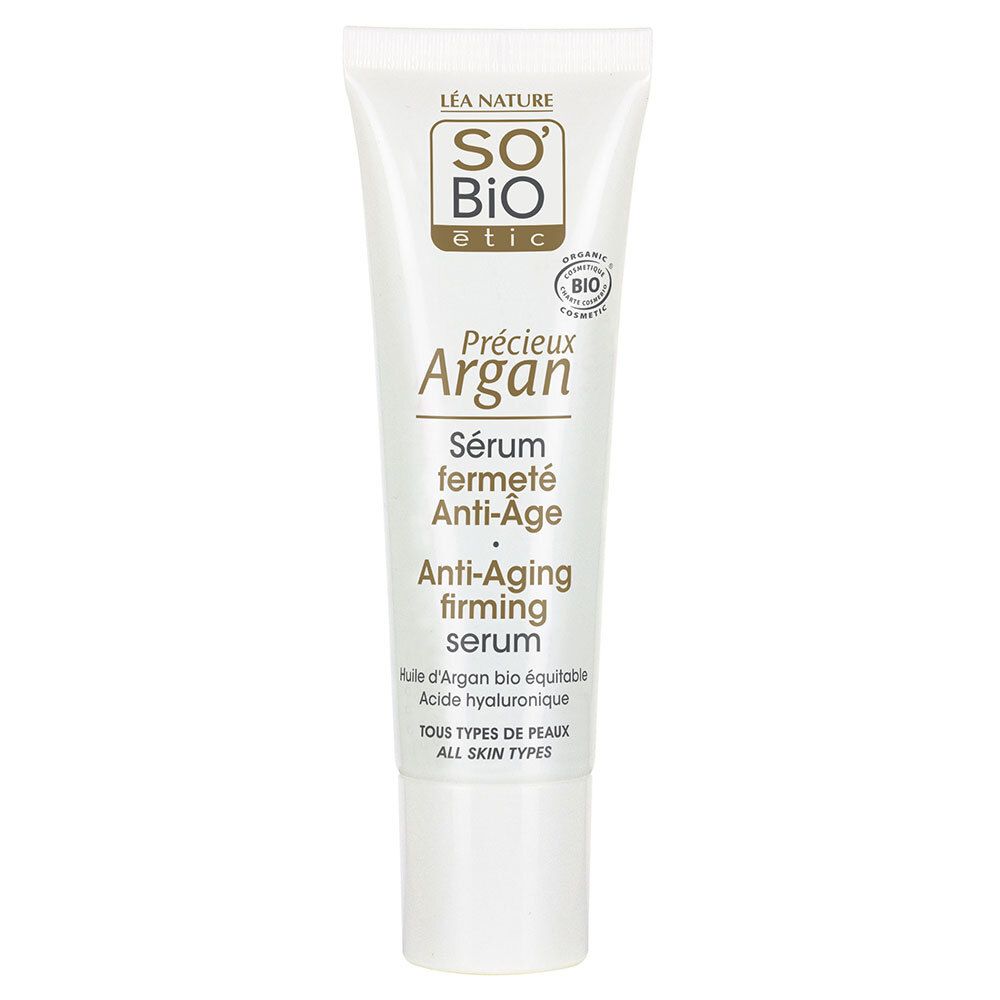 Witte tube SO BIO ETIC Précieux Argan Sérum Fermeté Anti-Âge. Bio-certificering. Franse tekst.