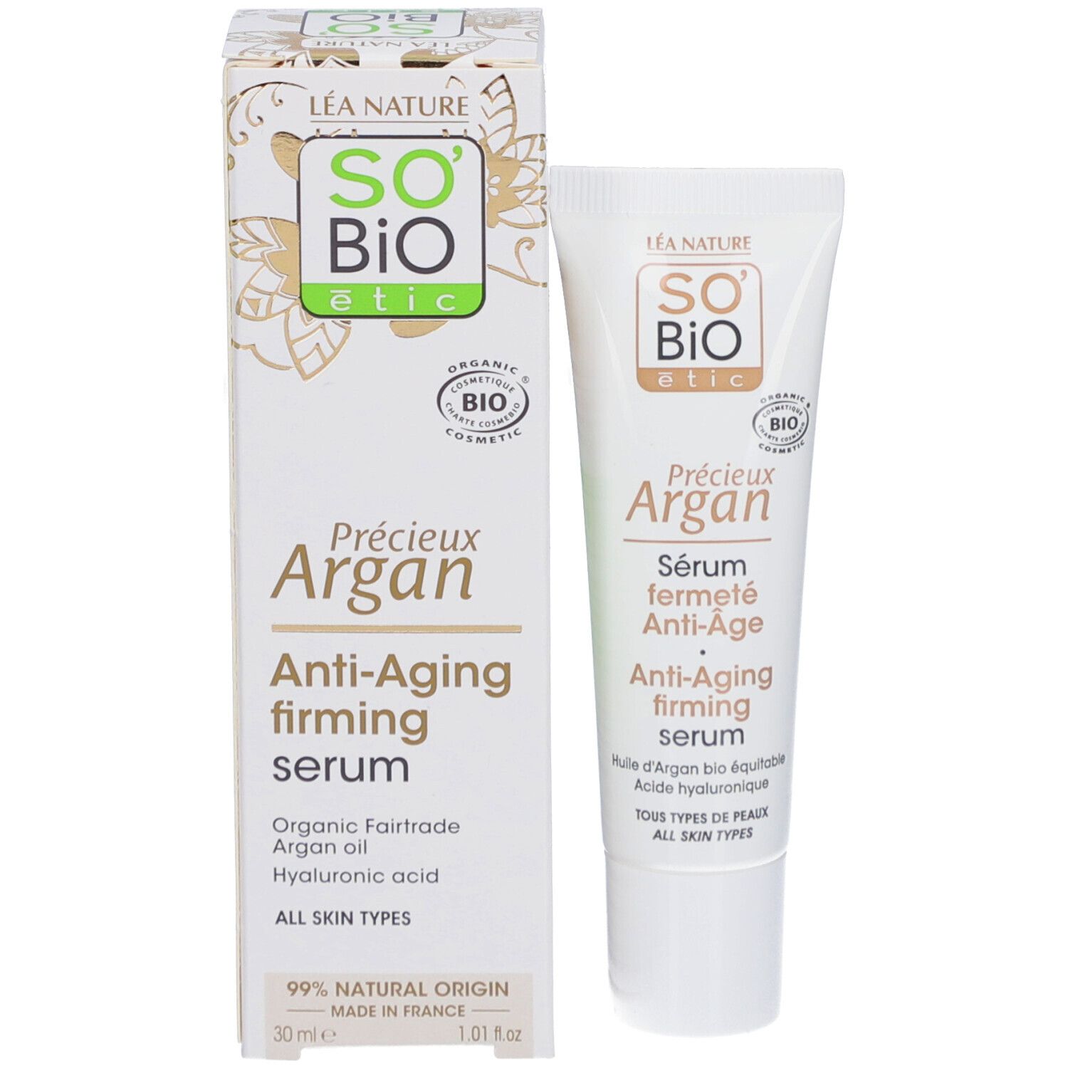 Tube en doosje met serum. Opschrift: SO BIO étic Précieux Argan Sérum Fermeté Anti-Âge. Bio-certificering.