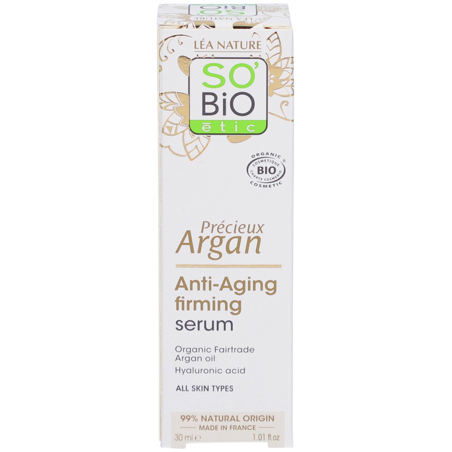 Doosje met serum. Opschrift: SO BIO étic Précieux Argan Sérum Fermeté Anti-Âge. Bio-certificering.