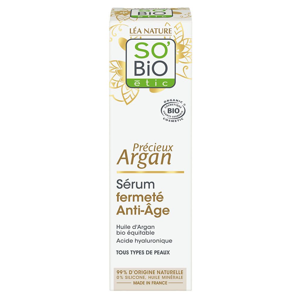 Witte verpakking SO BIO ETIC Précieux Argan Sérum Fermeté Anti-Âge. Bio-certificering. Franse tekst.