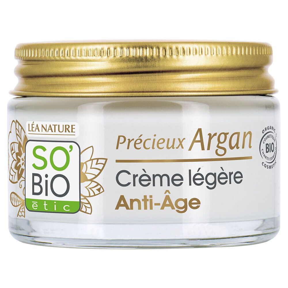 Pot de crème avec couvercle doré. Inscription : Précieux Argan, Crème légère Anti-Âge. Logo : SO'BiO étic.