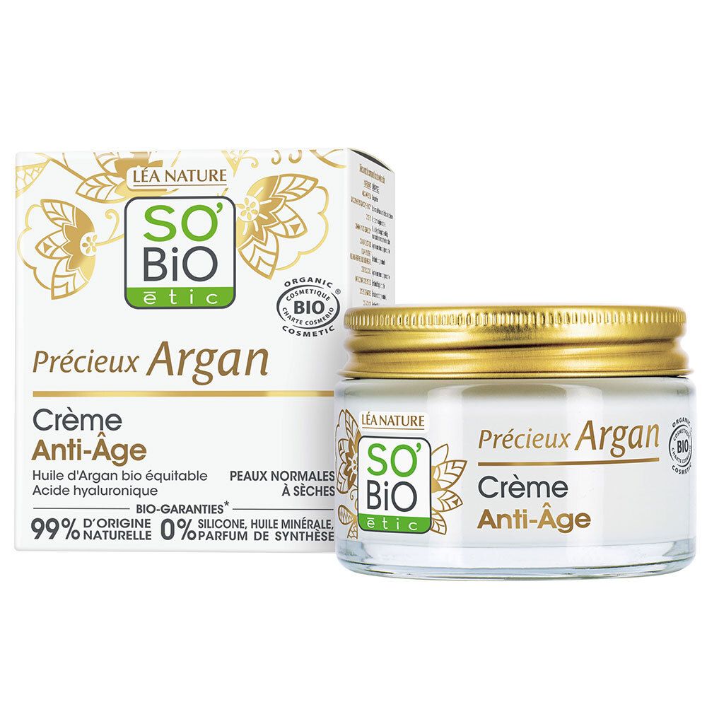 Pot de crème et boîte. Inscription : Précieux Argan, Crème Anti-Âge. Logo : SO'BiO étic. Certification bio.