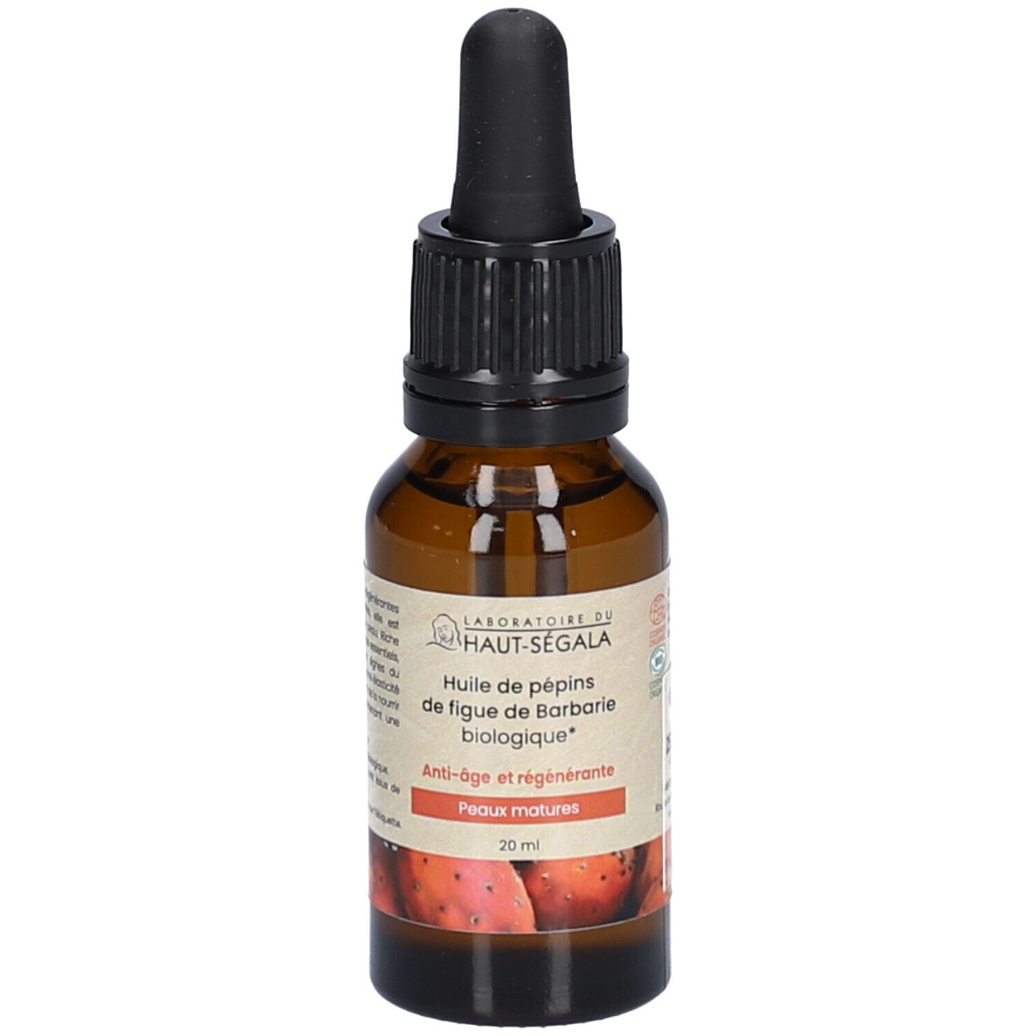Bruine glazen fles met zwarte druppelaar. Etiket met productinformatie en logo. 20 ml.