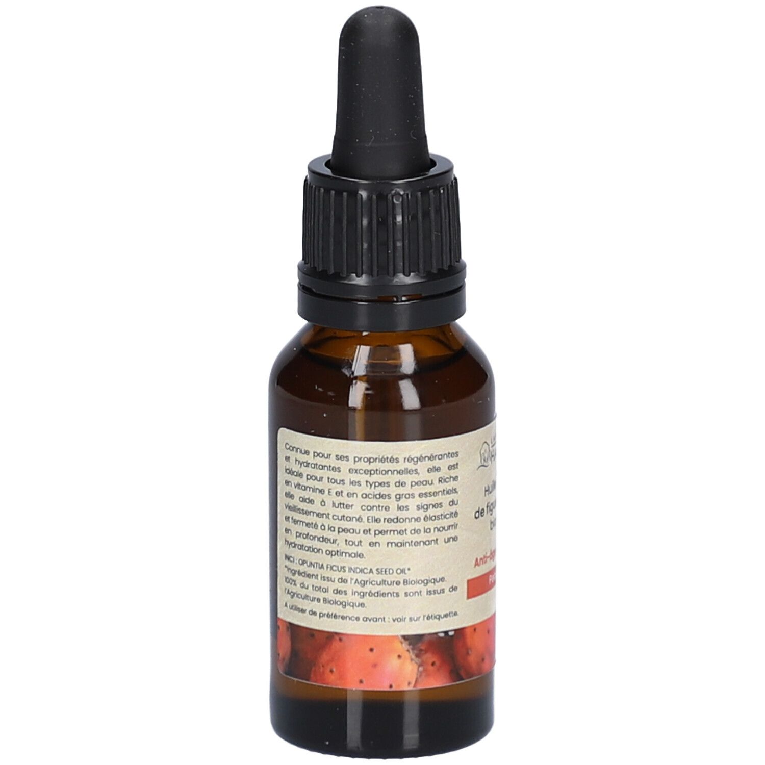Bruine glazen fles met zwarte druppelaar. Etiket met tekst. Productinformatie en logo. 20 ml.