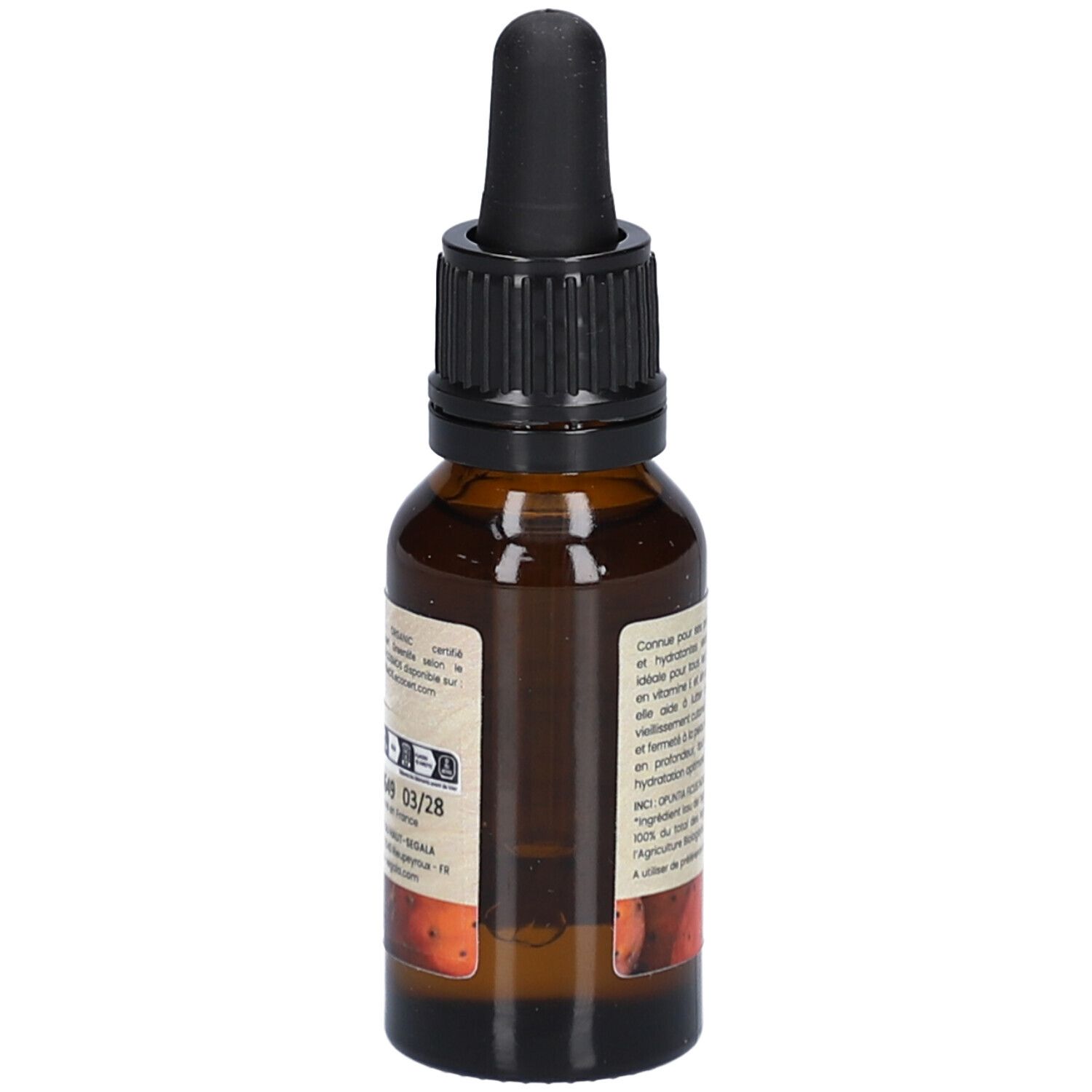 Bruine glazen fles met zwarte druppelaar. Etiket met tekst. Productinformatie en logo. 20 ml.