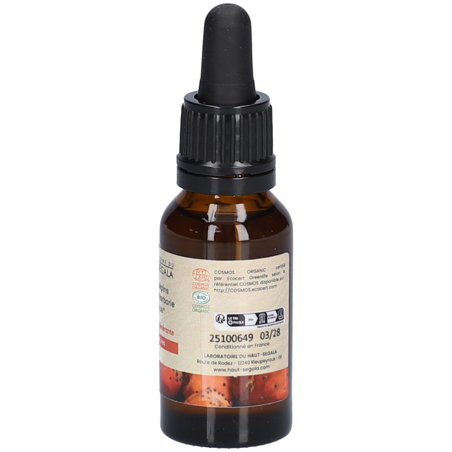 Bruine glazen fles met zwarte druppelaar. Etiket met tekst. Productinformatie en logo. 20 ml. Houdbaarheidsdatum.