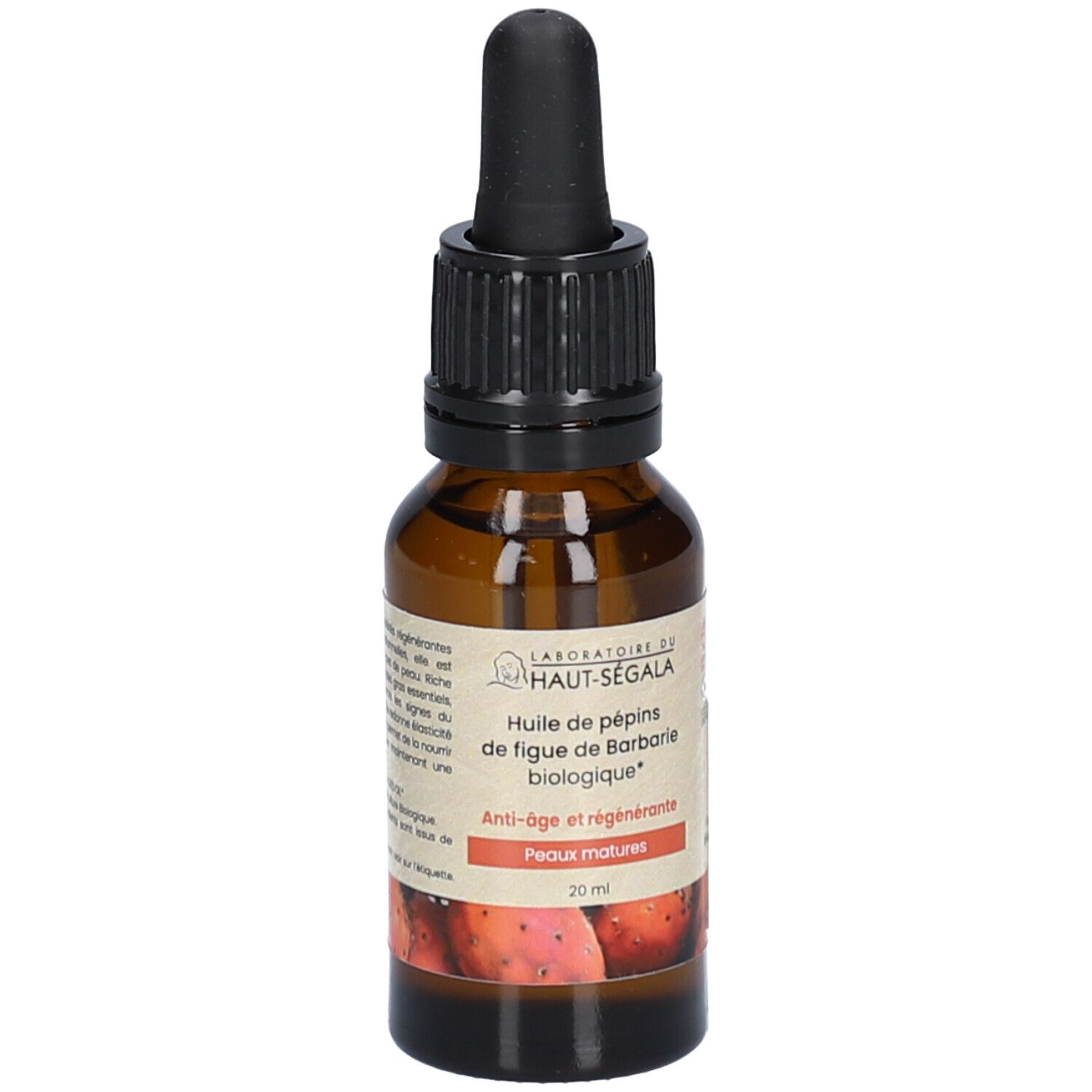 Bruine glazen fles met zwarte druppelaar. Etiket met tekst. Productinformatie en logo. 20 ml.