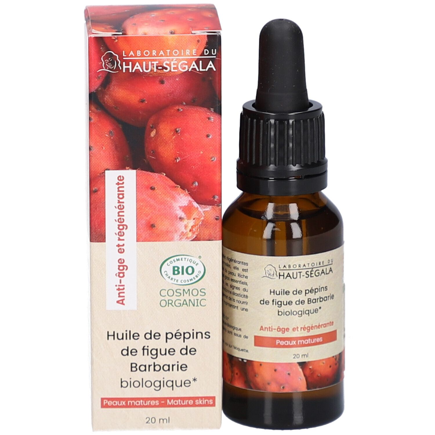 Productfles en verpakking. Bruine fles met zwarte druppelaar. Verpakking met logo en tekst. 20 ml.