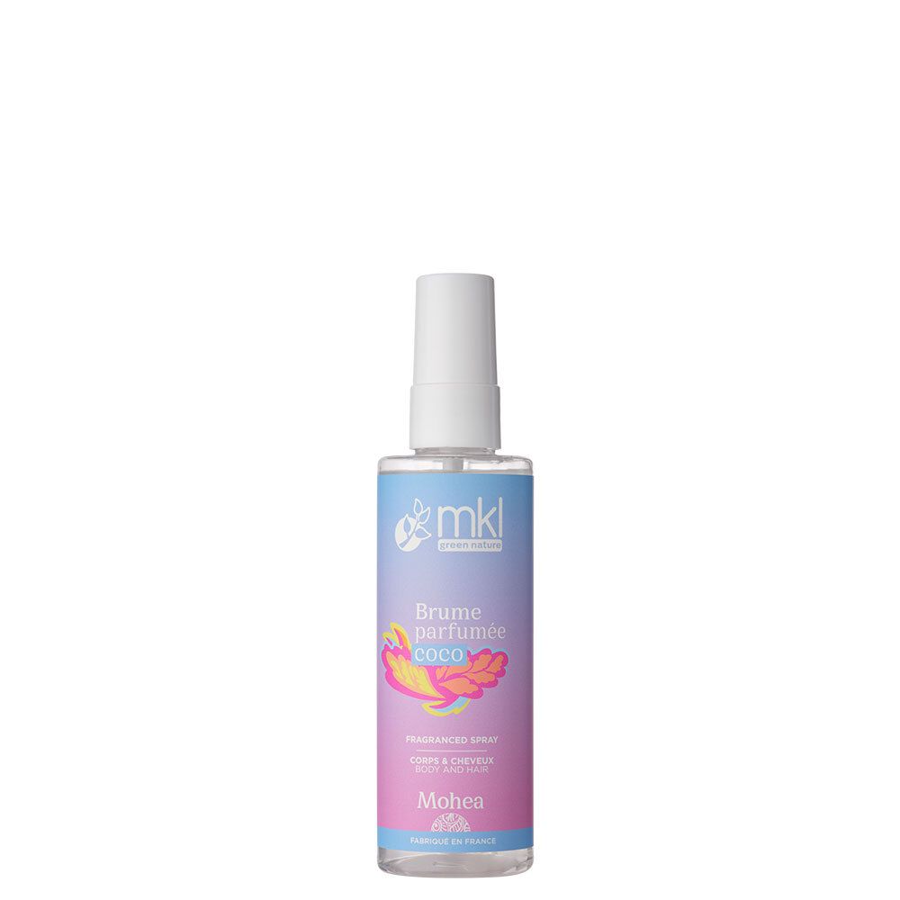 Flacon de brume parfumée pour corps et cheveux. Tête de pulvérisation blanche, impression colorée avec nom et logo du produit. Mohea.