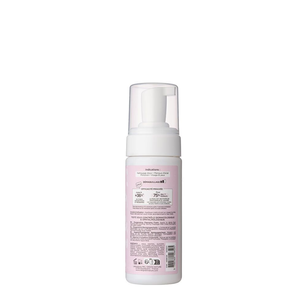 Achterkant van de witte fles met roze etiket. Tekst: ingrediënten, gebruiksaanwijzing, dermatologische tests. Met pomp en dop.