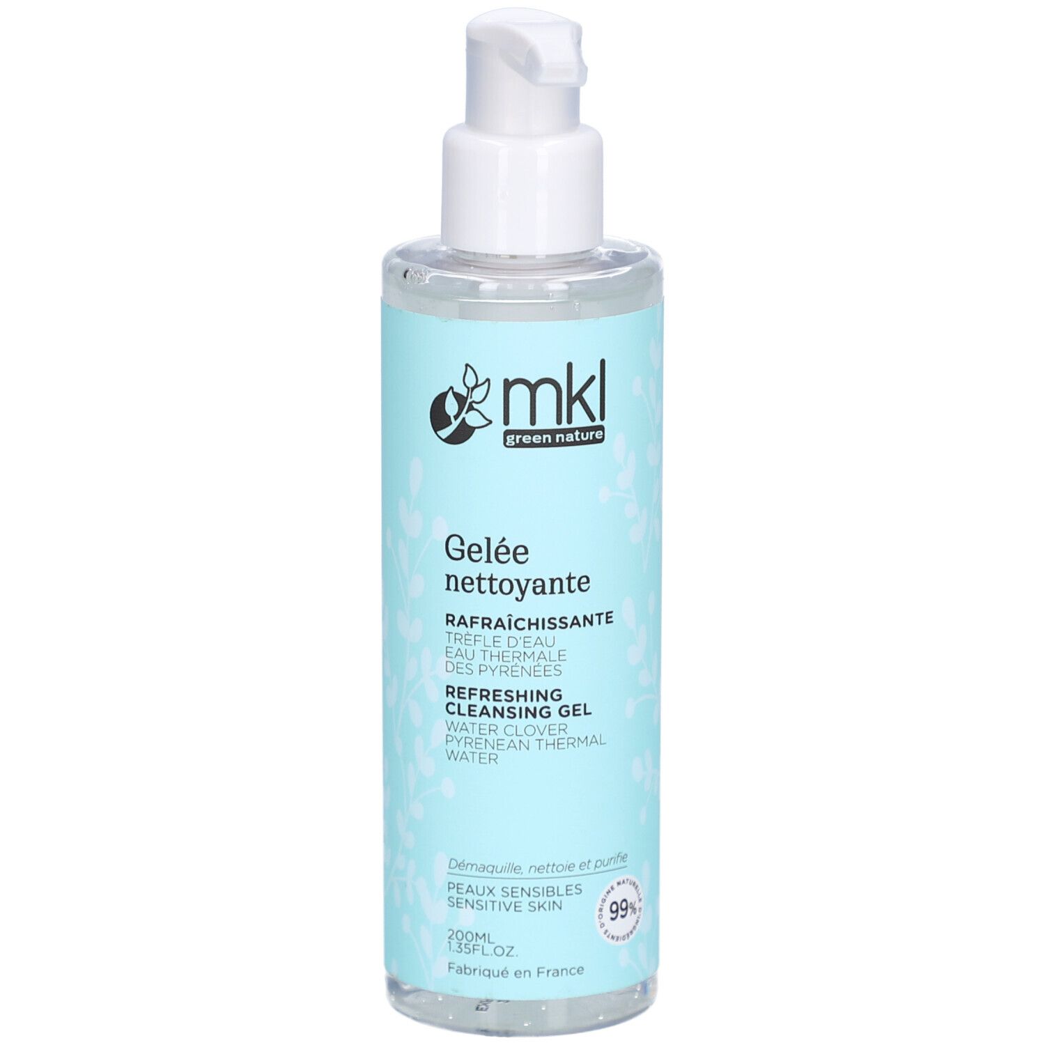 Flacon transparent avec pompe blanche. Étiquette avec nom du produit et logo. Texte: Gelée nettoyante rafraîchissante.