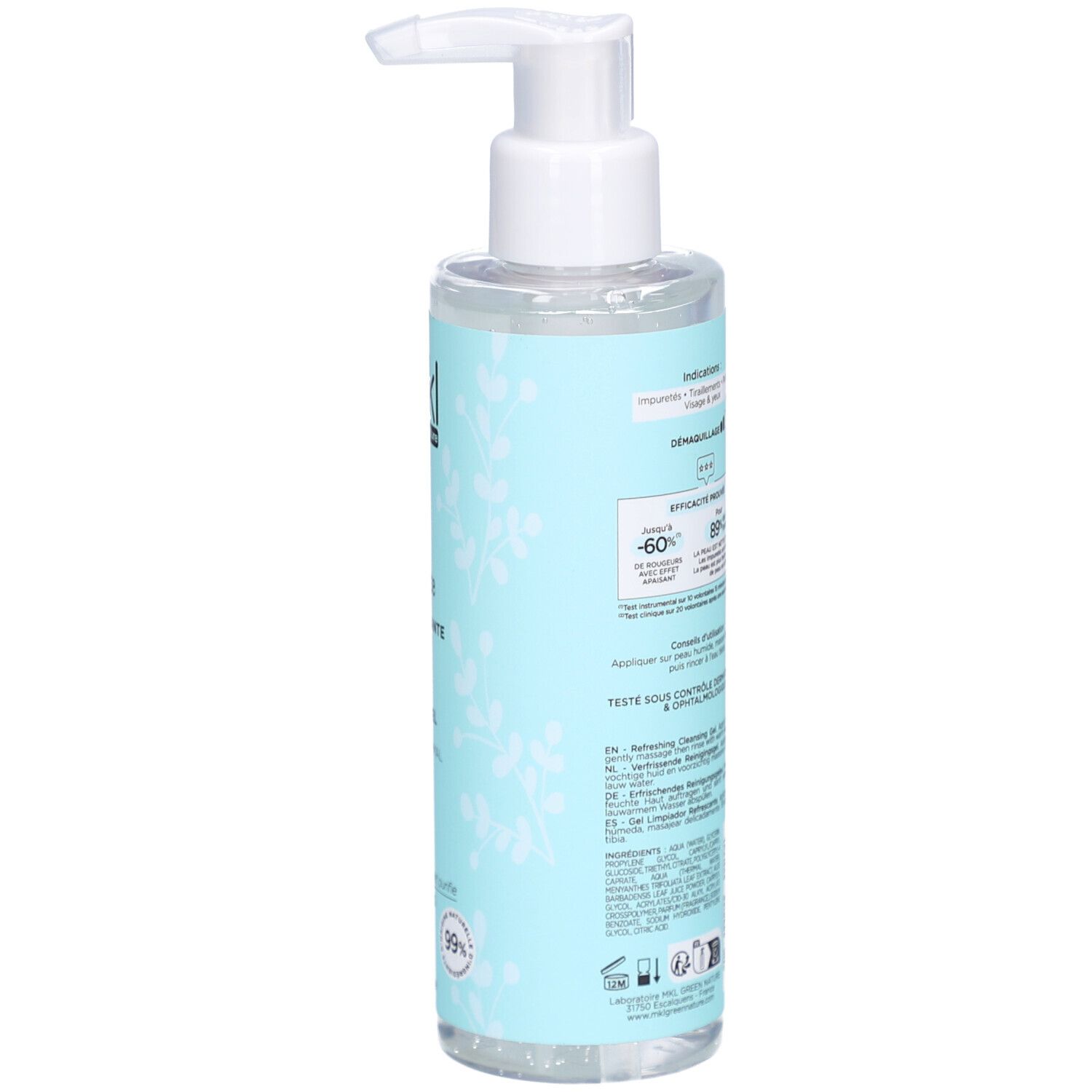 Dos d'un flacon transparent avec pompe blanche. Étiquette avec informations produit et logo.