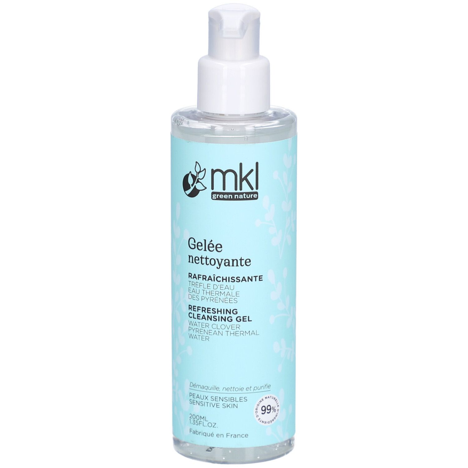 Flacon transparent avec pompe blanche. Étiquette avec nom du produit et logo. Texte: Gelée nettoyante rafraîchissante.