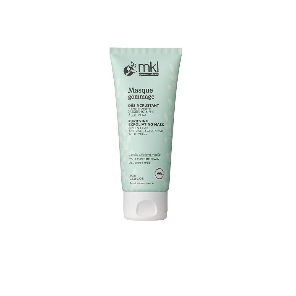 Groene tube met witte dop. Opschrift: MKL Green Nature, Masque gommage Désincrustant, Purifying Exfoliating Mask.