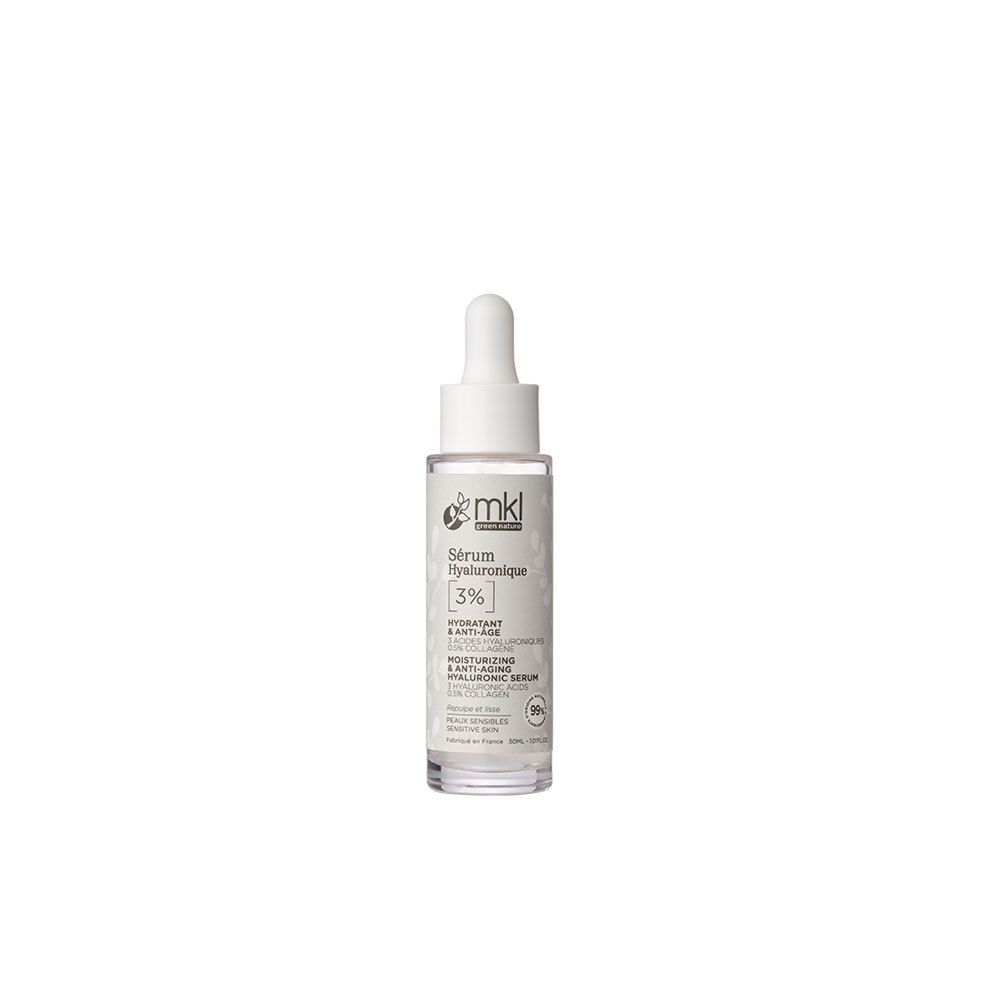 Flacon transparent avec bouchon blanc et pipette. Inscription: mkl, Sérum Hyaluronique 3%, Hydratant & Anti-Âge.
