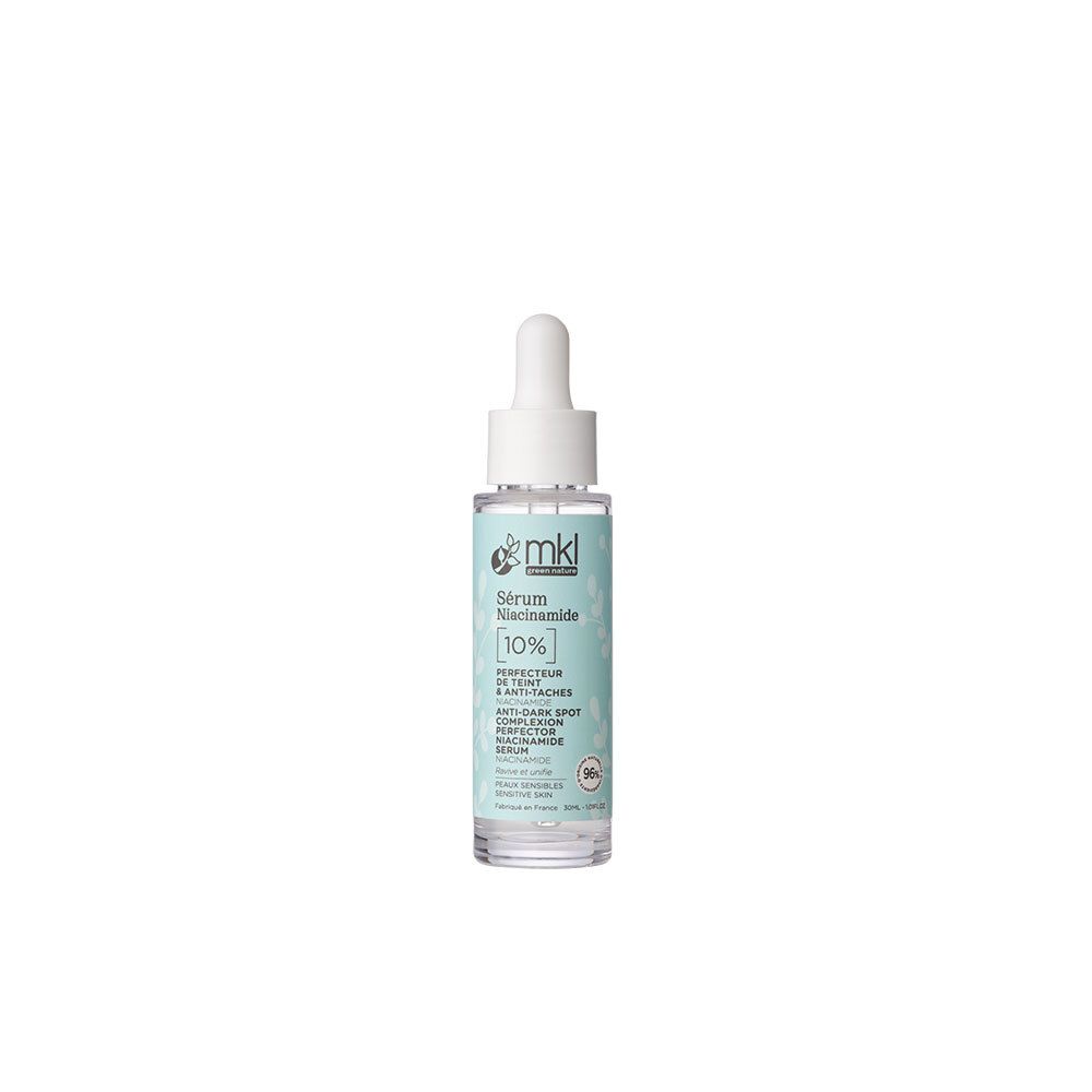 Serumfles met pipet. Opschrift: MKL Serum Niacinamide 10%. Product voor huidverzorging.