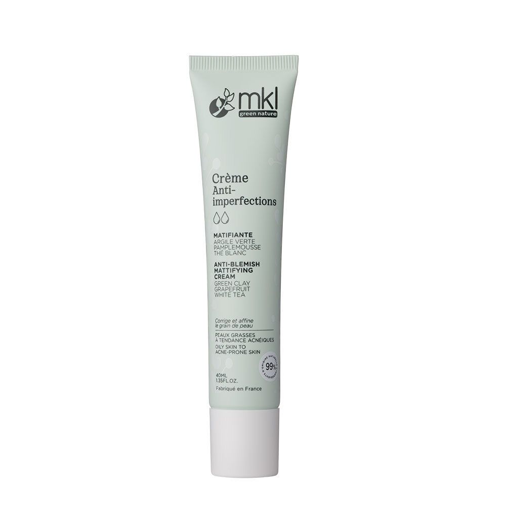 Groene tube met witte dop. Opschrift: Crème Anti-imperfections Matifiante. Merk: mkl green nature.