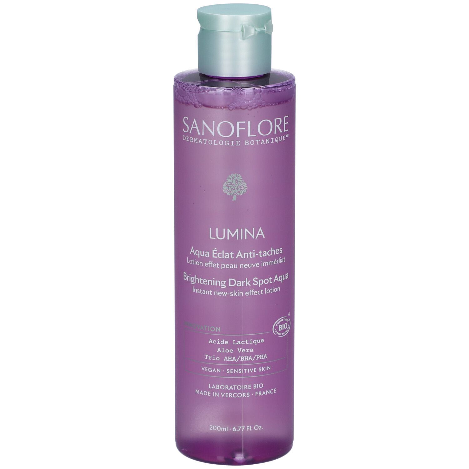 Flacon SANOFLORE Lumina Aqua Eclat Anti-taches. Inscription et certification bio. Flacon transparent, bouchon bleu clair.