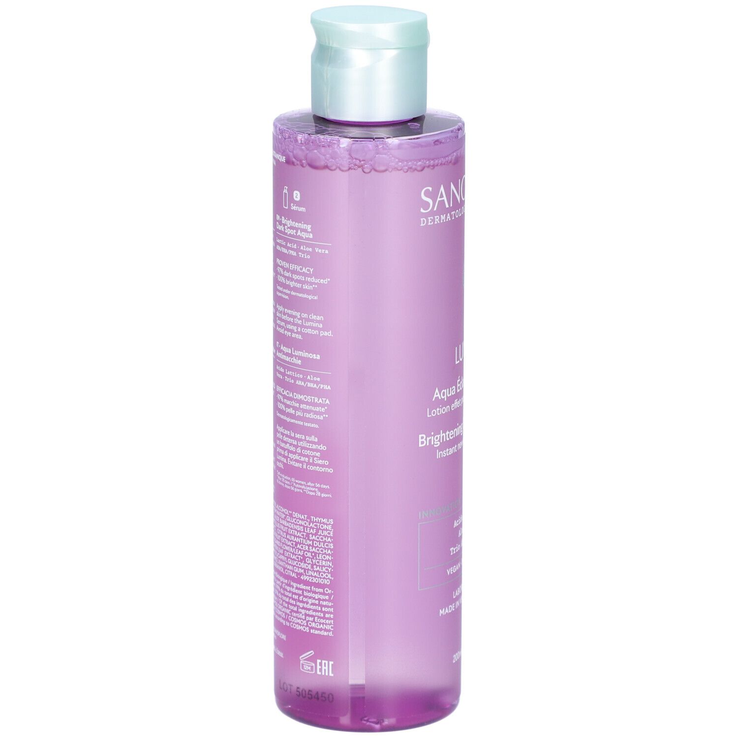 Dos du flacon SANOFLORE Lumina Aqua Eclat Anti-taches. Informations produit et certification bio. Flacon transparent.