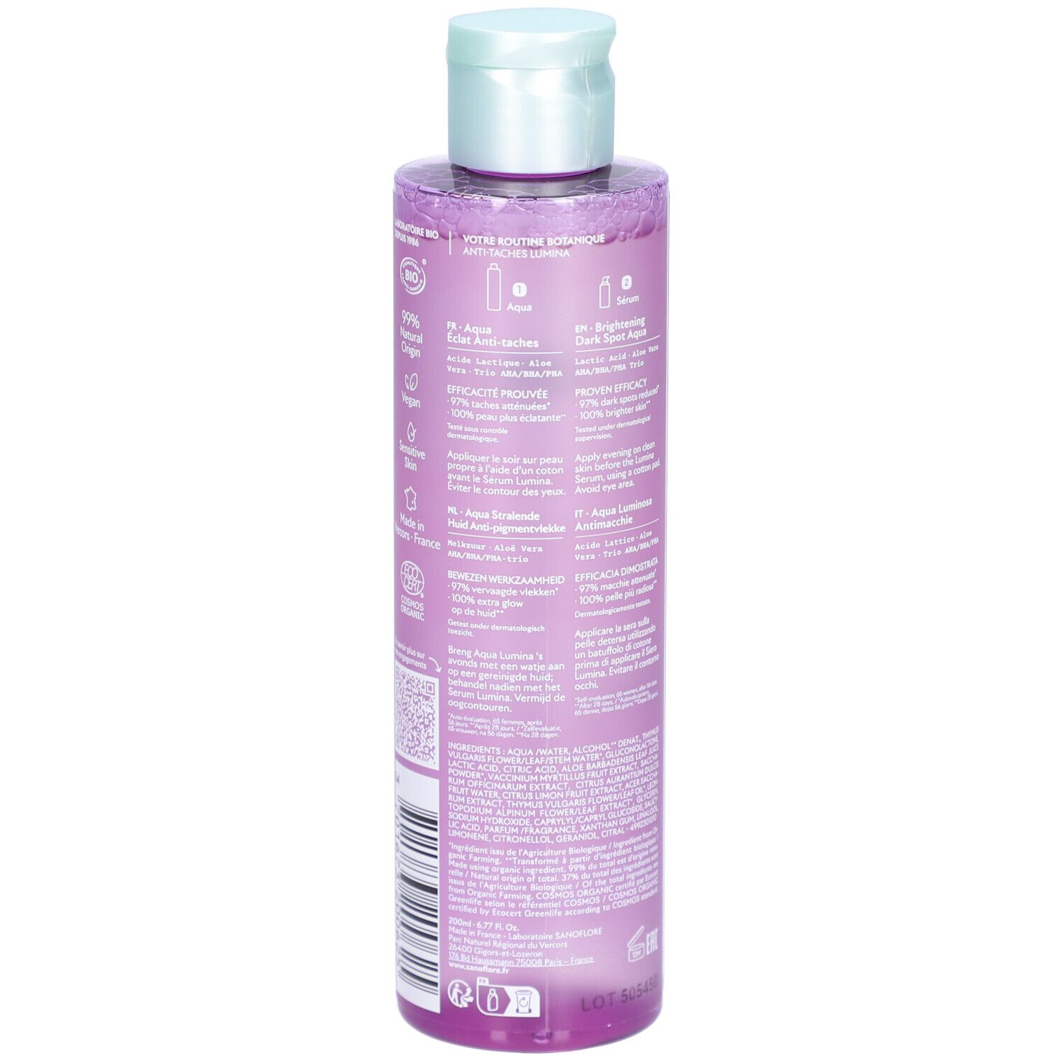 Dos du flacon SANOFLORE Lumina Aqua Eclat Anti-taches. Informations produit, certification bio. Flacon transparent.