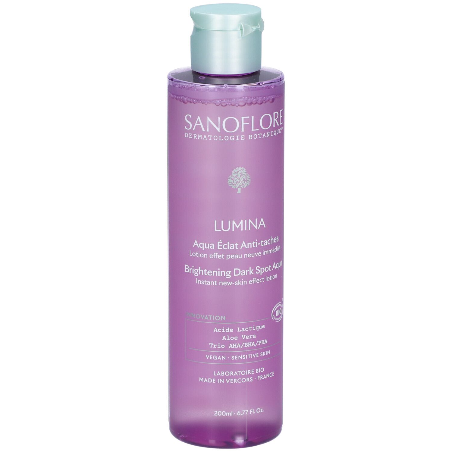 Flacon SANOFLORE Lumina Aqua Eclat Anti-taches. Étiquette et certification bio. Flacon transparent, bouchon bleu clair.