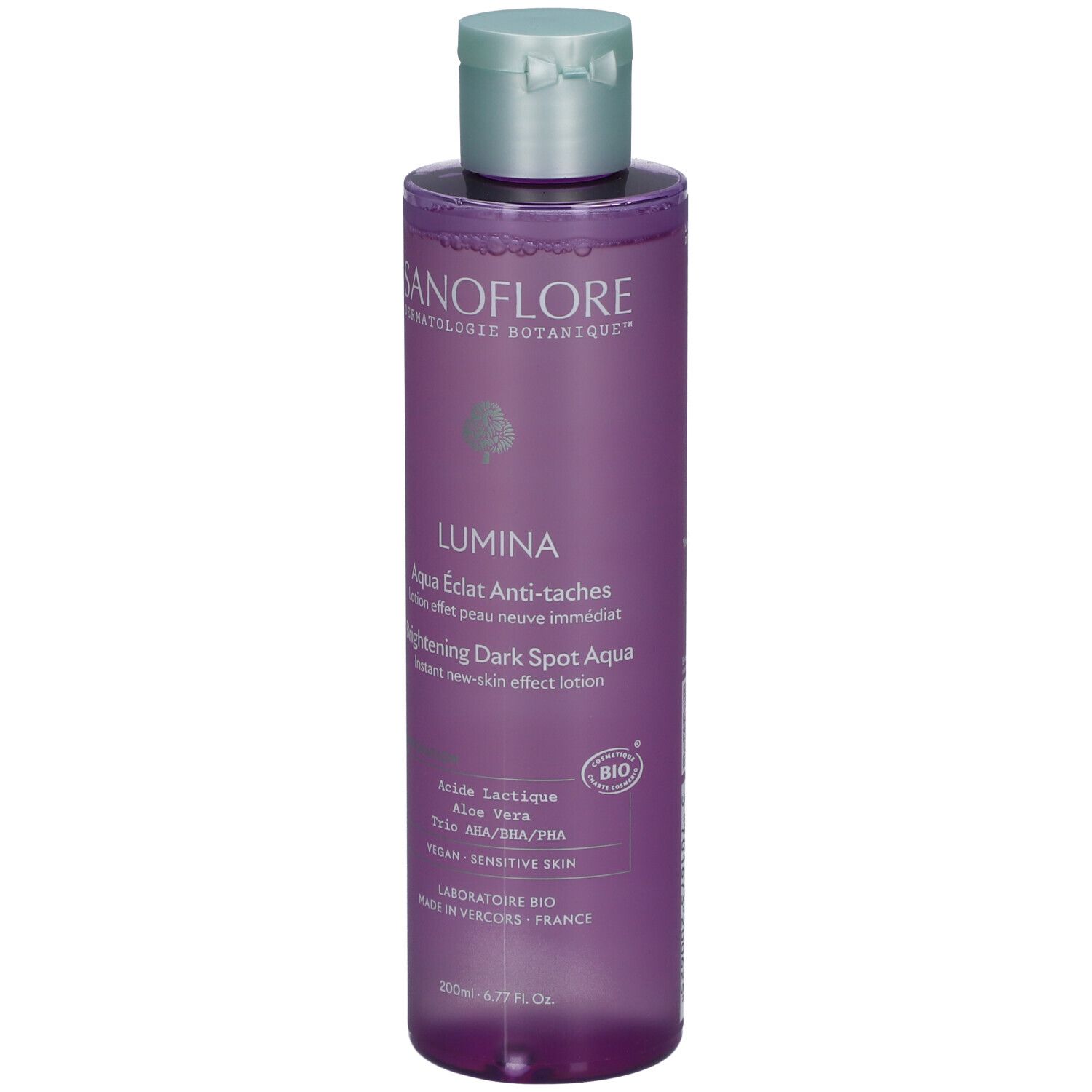 Flacon SANOFLORE Lumina Aqua Eclat Anti-taches. Étiquette et certification bio. Flacon transparent, bouchon bleu clair.