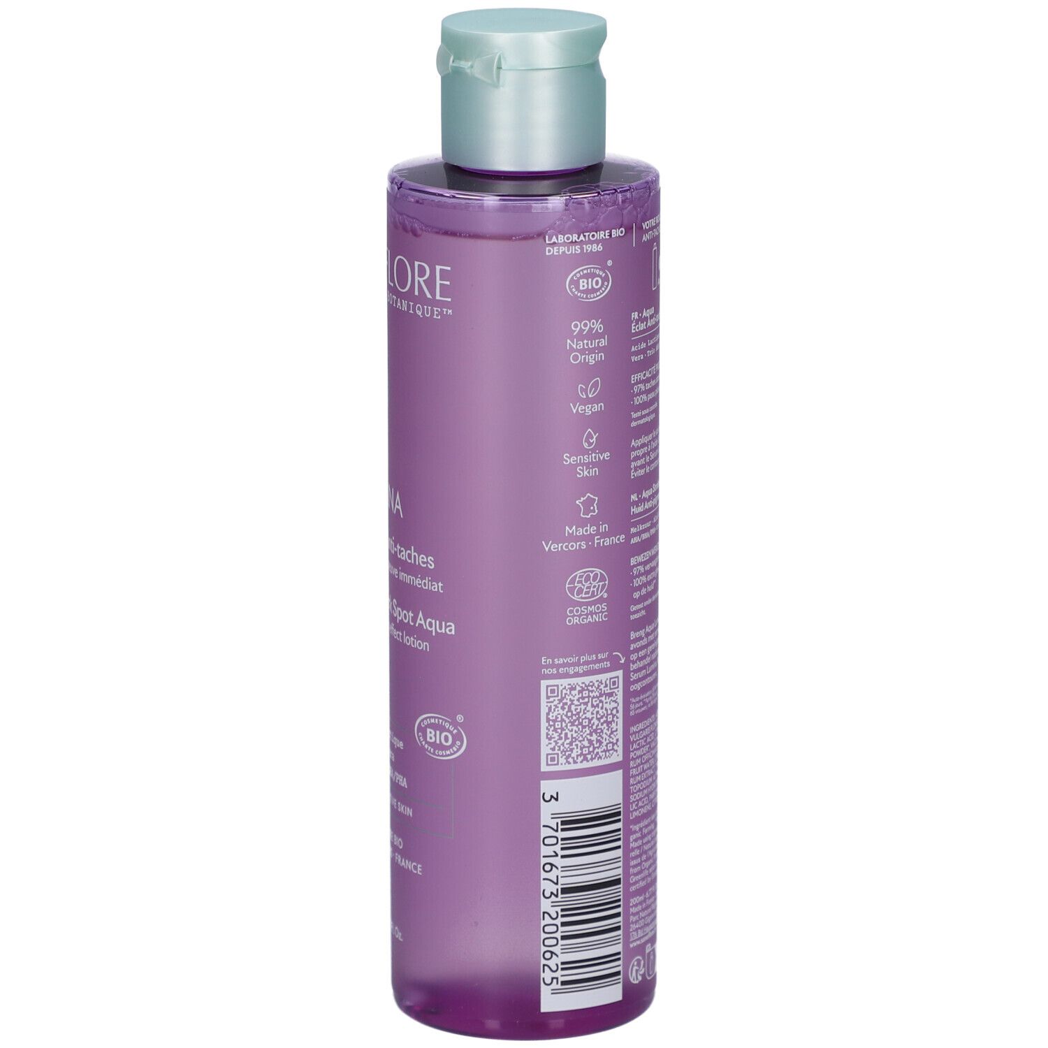 Dos du flacon SANOFLORE Lumina Aqua Eclat Anti-taches. Informations produit, certification bio. Flacon transparent.