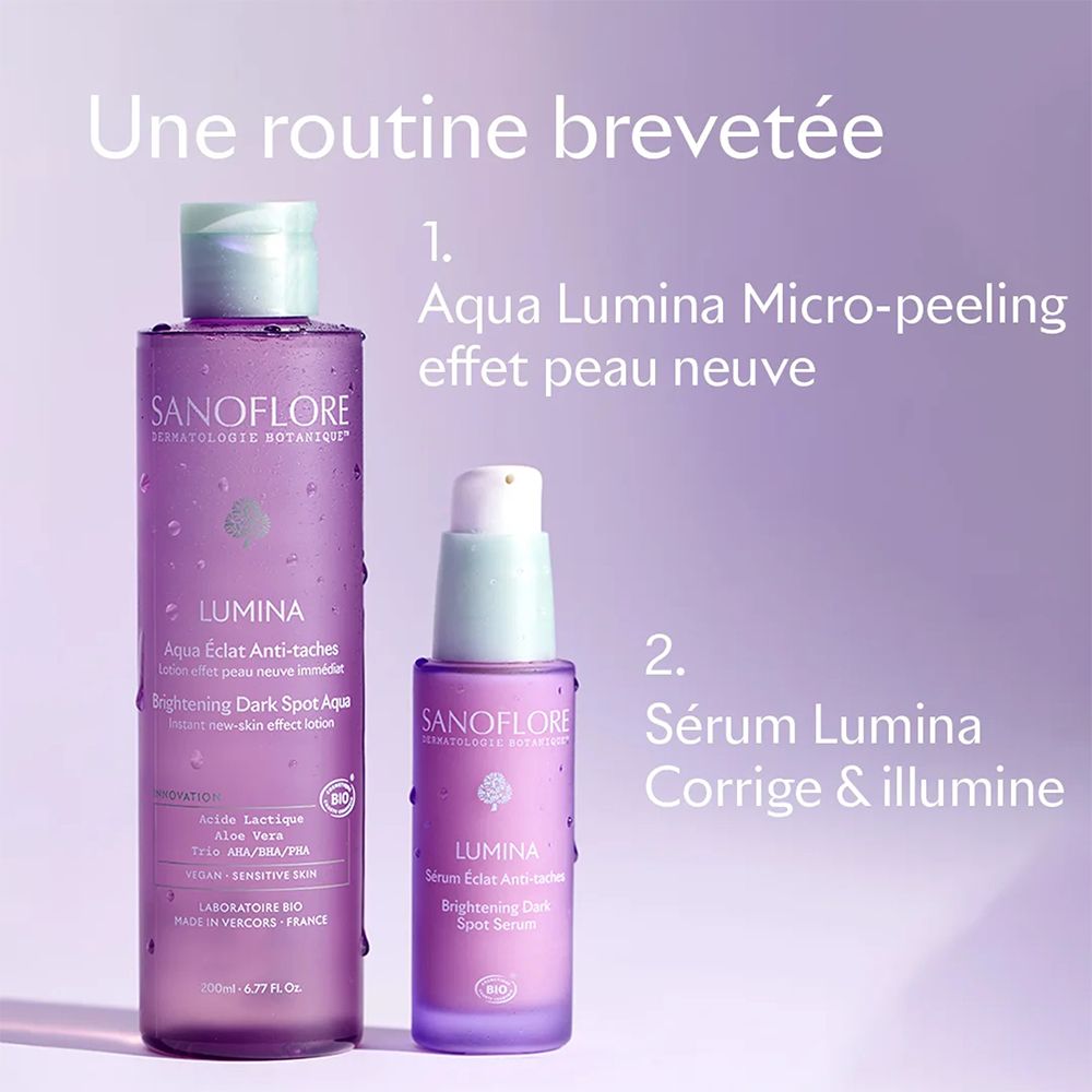 Deux flacons: Aqua Lumina Micro-peeling et Sérum Lumina. Inscriptions: SANOFLORE, LUMINA.