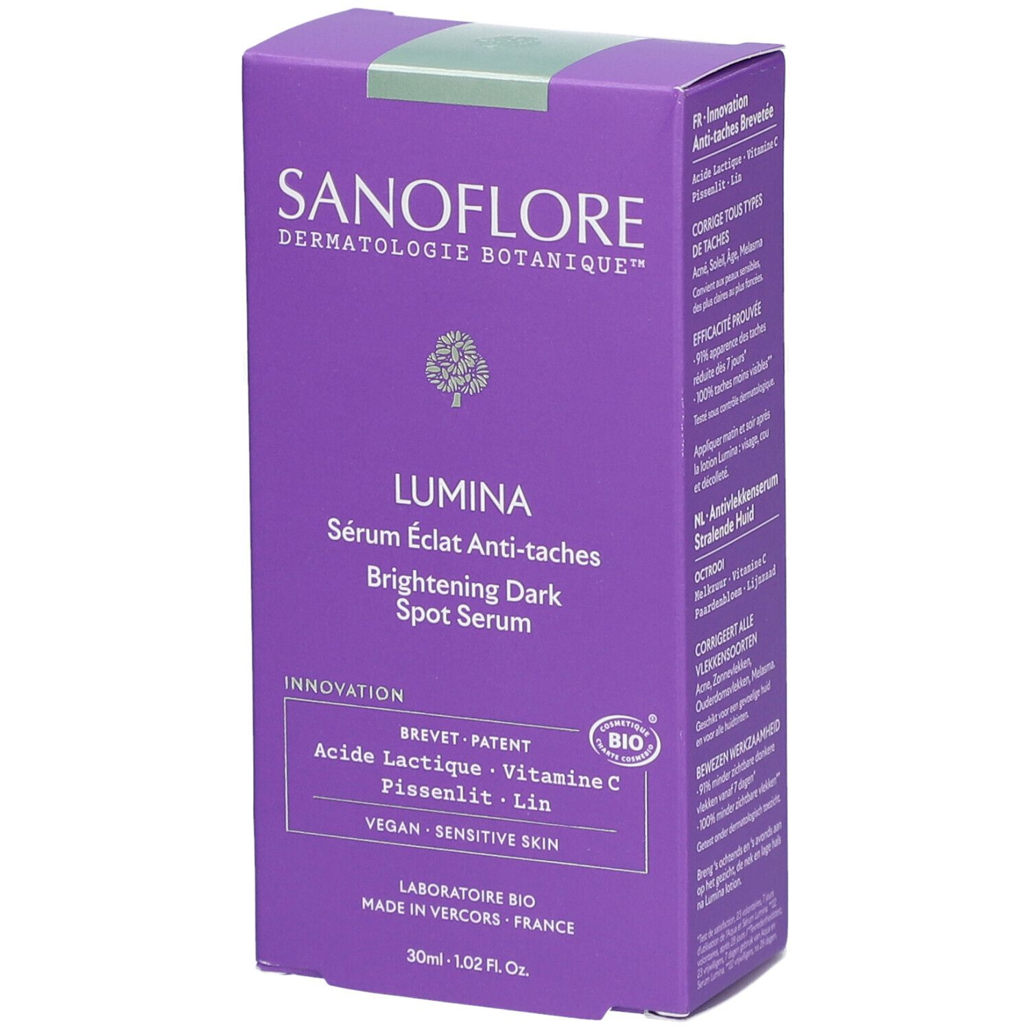 Paarse doos met SANOFLORE Lumina Sérum Eclat Anti-taches. Bevat melkzuur, vitamine C, paardenbloem, lijnzaad. Bio-gecertificeerd.
