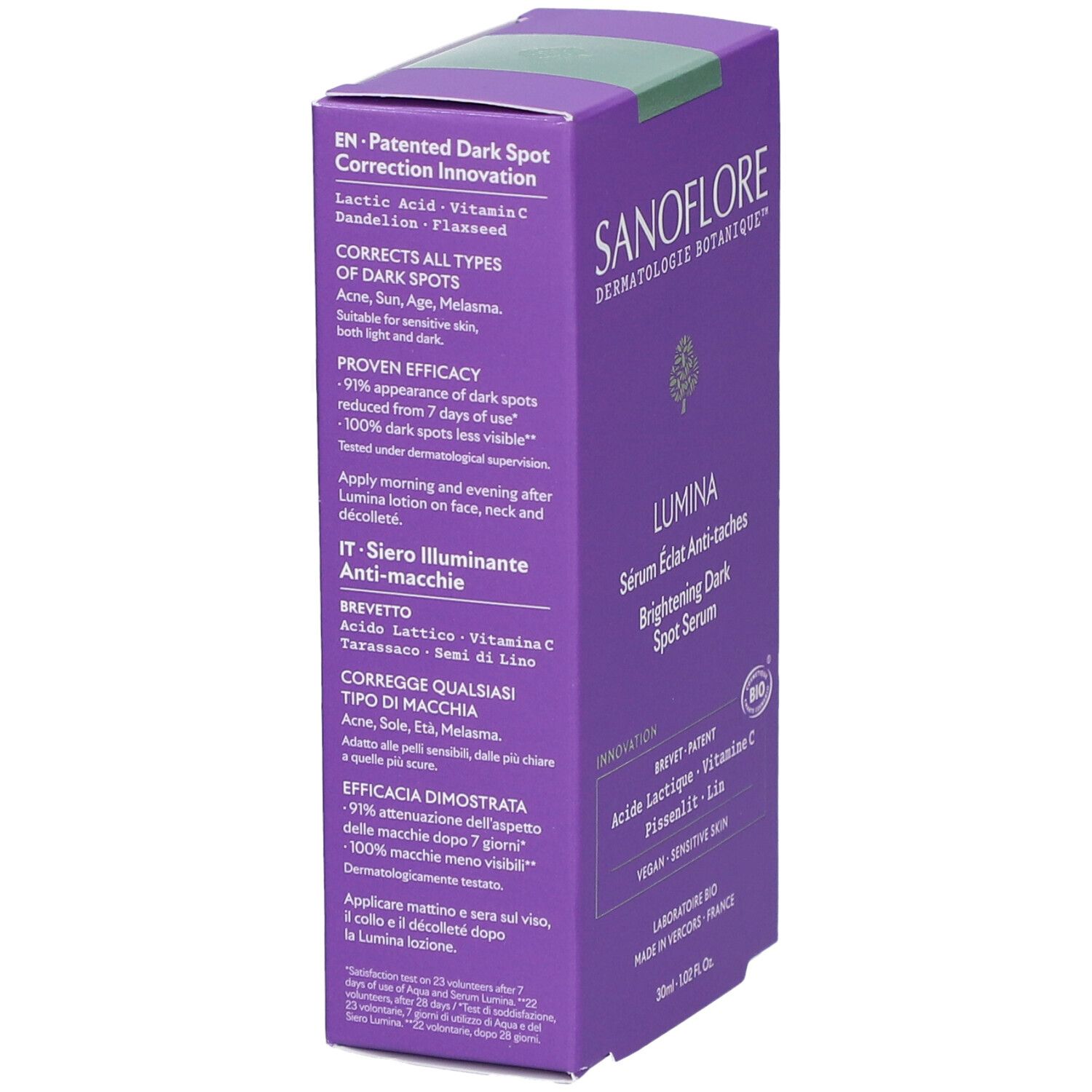 Paarse doos SANOFLORE Lumina Sérum Eclat Anti-taches. Tekst: Corrigeert alle soorten donkere vlekken. Bio-gecertificeerd.