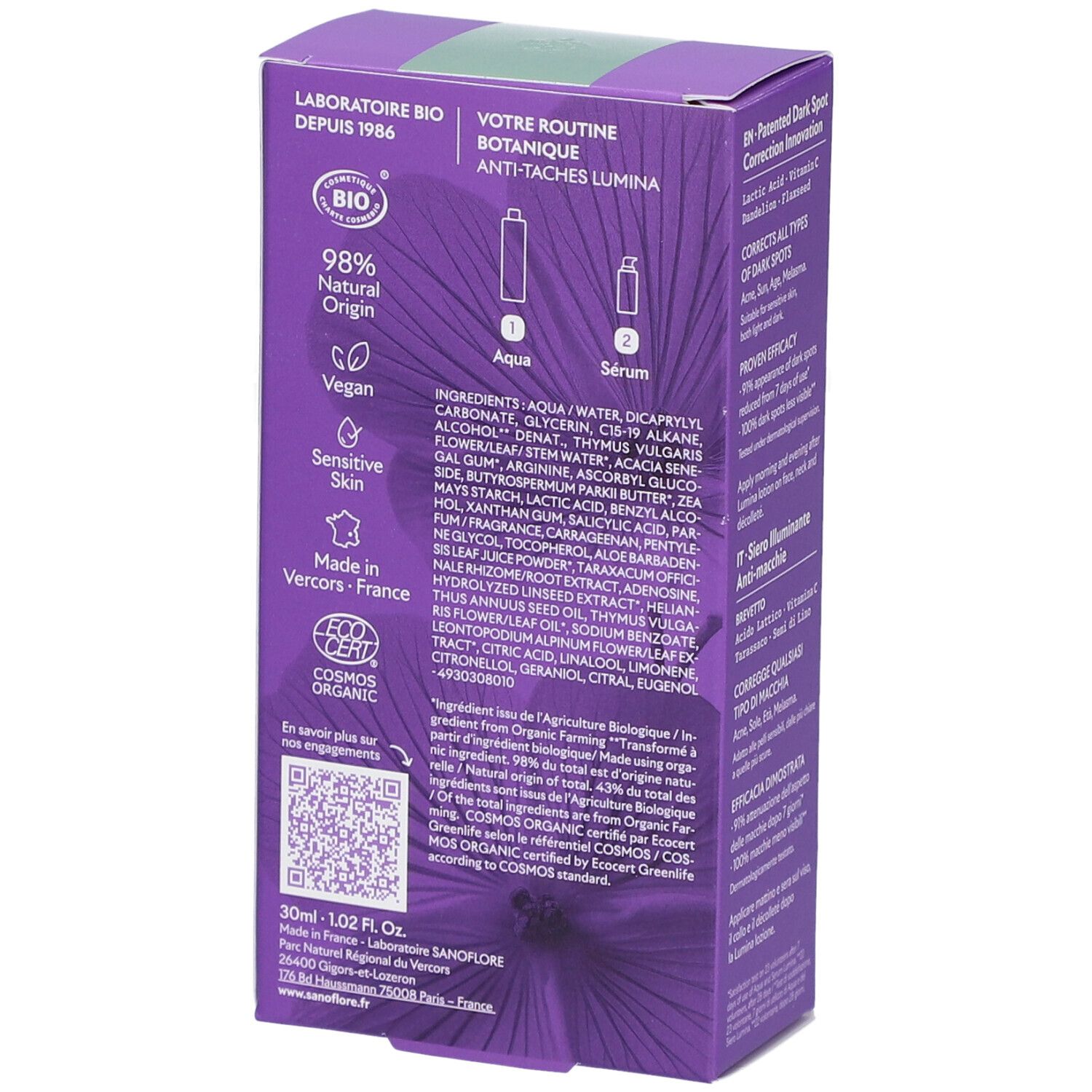Achterkant paarse SANOFLORE Lumina doos. Ingrediënten, bio-certificering en QR-code. Gemaakt in Frankrijk.