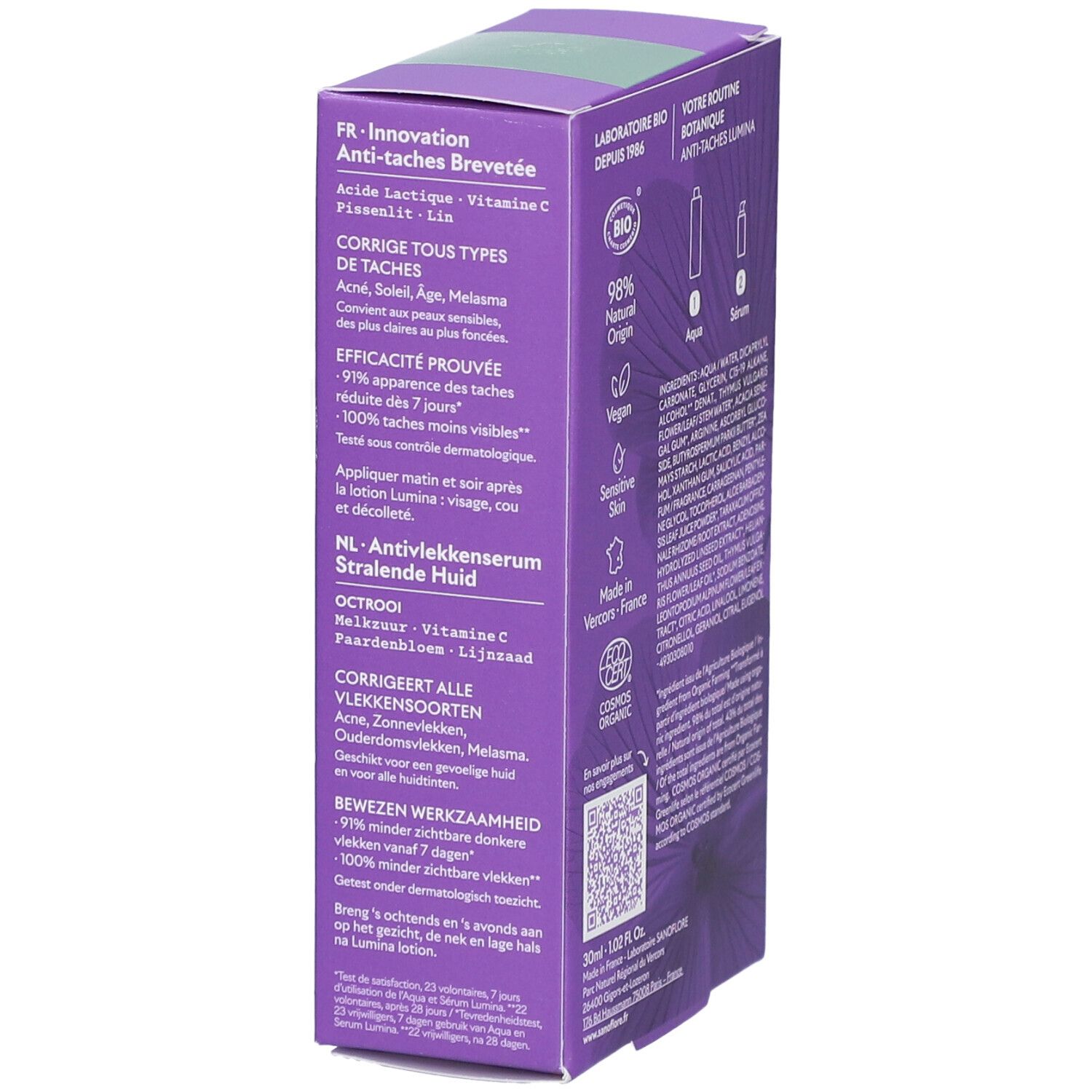 Paarse doos SANOFLORE Lumina Sérum Eclat Anti-taches. Tekst: Anti-vlekken serum. Bio-gecertificeerd. Gemaakt in Frankrijk.