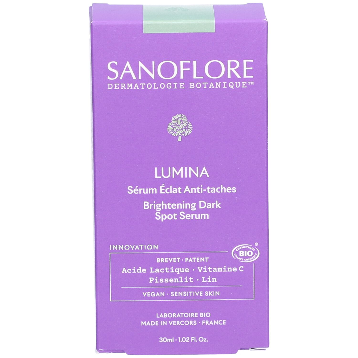 Paarse doos SANOFLORE Lumina Sérum Eclat Anti-taches. Productnaam en logo. Bio-gecertificeerd. Veganistisch.