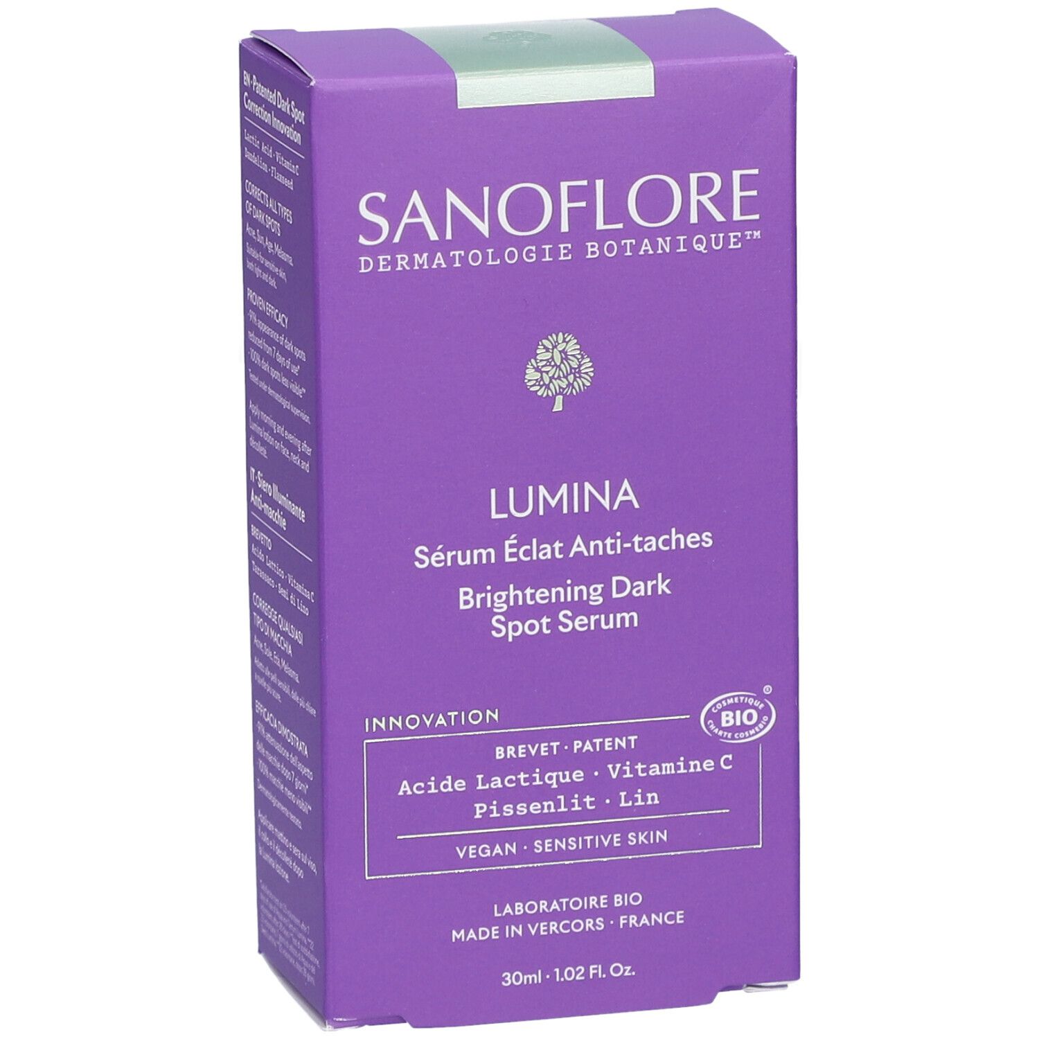 Paarse doos SANOFLORE Lumina Sérum Eclat Anti-taches. Productnaam en logo. Bio-gecertificeerd. Veganistisch.
