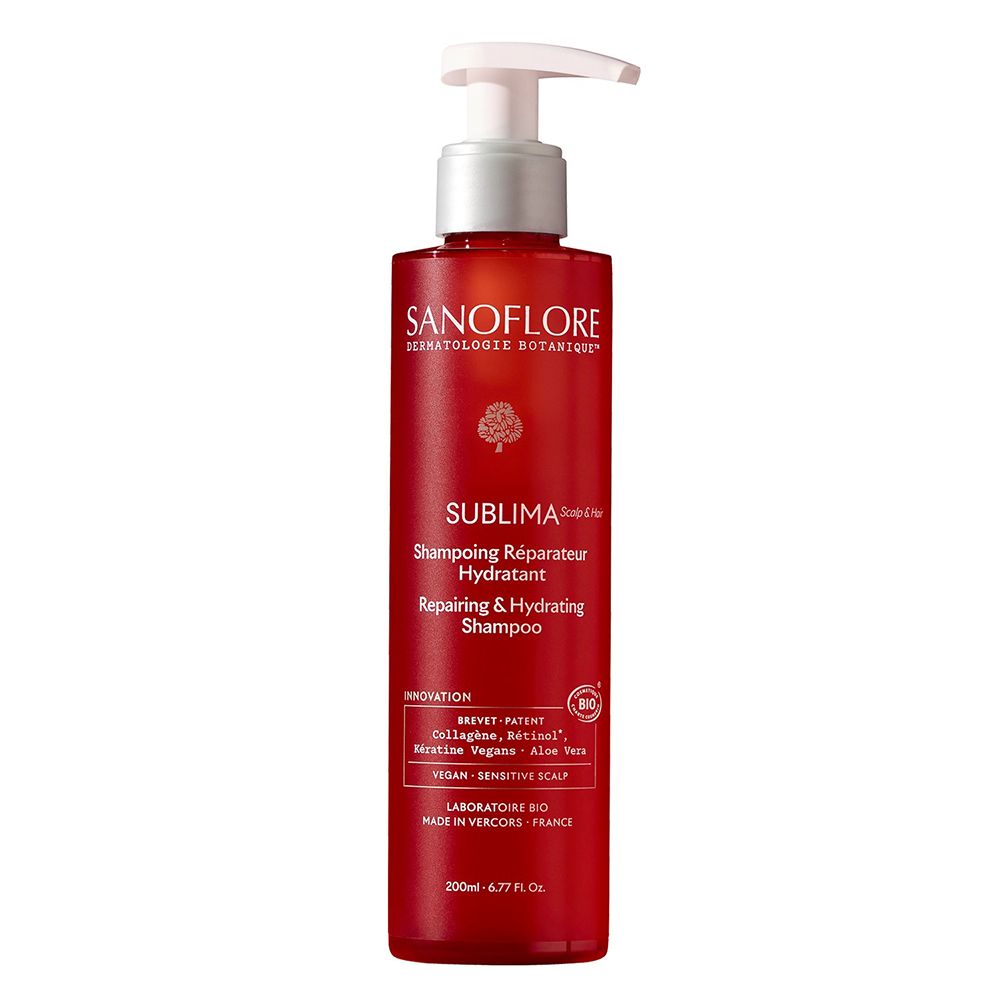 Flacon rouge avec pompe blanche. Inscription: SANOFLORE, Sublima, Shampoing Réparateur Hydratant. 200ml.