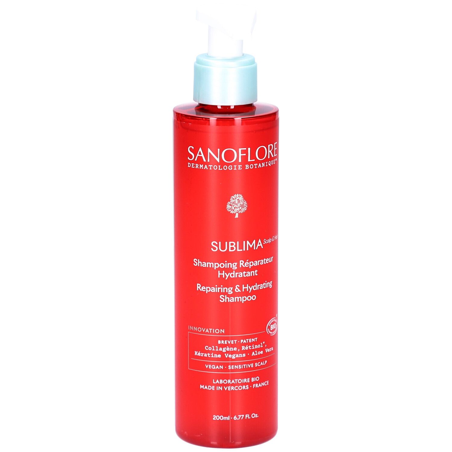 Flacon rouge avec pompe blanche. Inscriptions: SANOFLORE, SUBLIMA, Shampoing Réparateur Hydratant. Label bio.