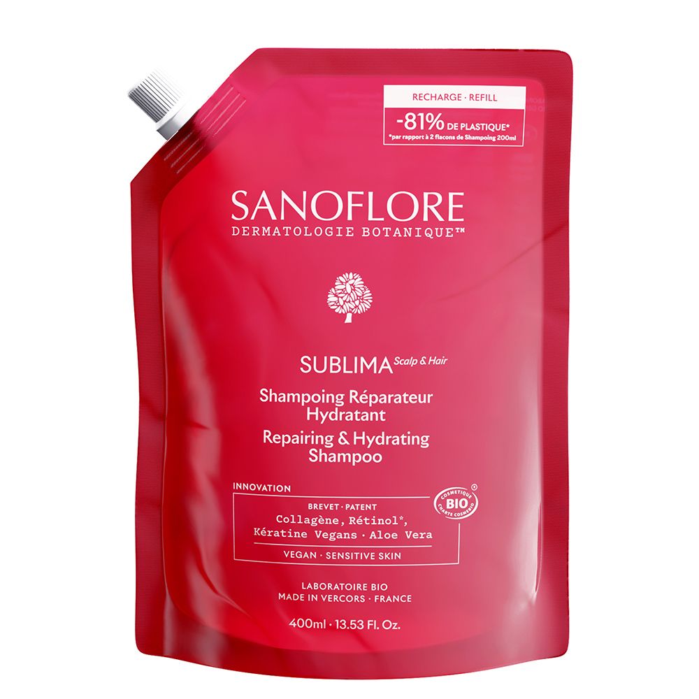 Rode navulverpakking. SANOFLORE Sublima Shampoo. Herstellende & hydraterende shampoo. Bio-certificering. 400ml.
