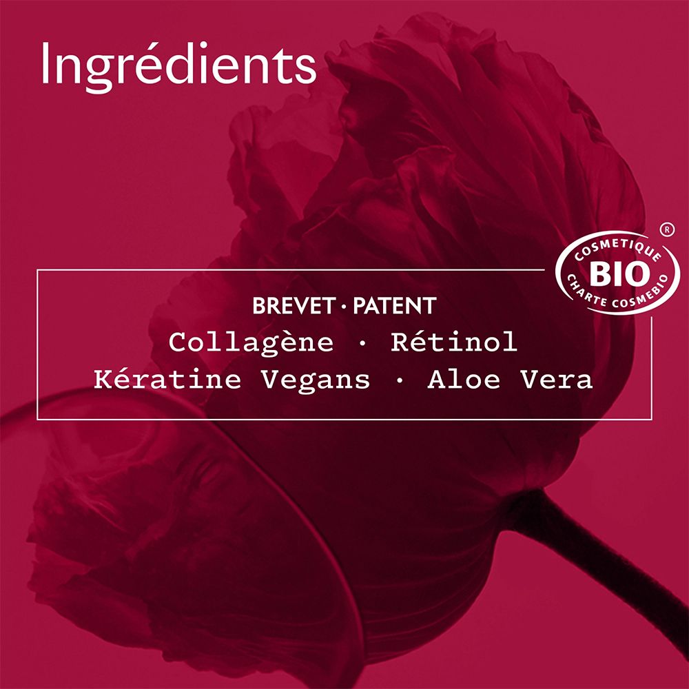 Close-up van ingrediënten. Tekst: collageen, retinol, veganistische keratine, aloë vera. Bio-certificering.