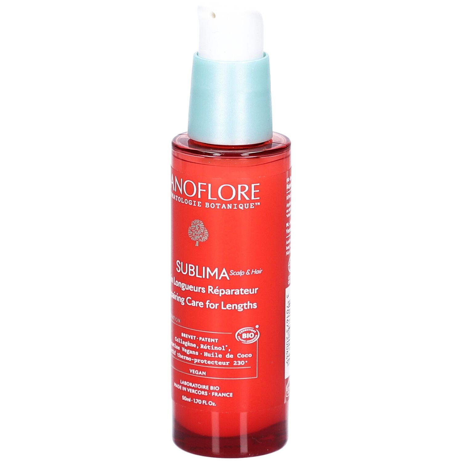 Flacon rouge avec pompe blanche. Inscriptions: SANOFLORE, SUBLIMA, Soin Longueurs Réparateur. Logo Vegan.