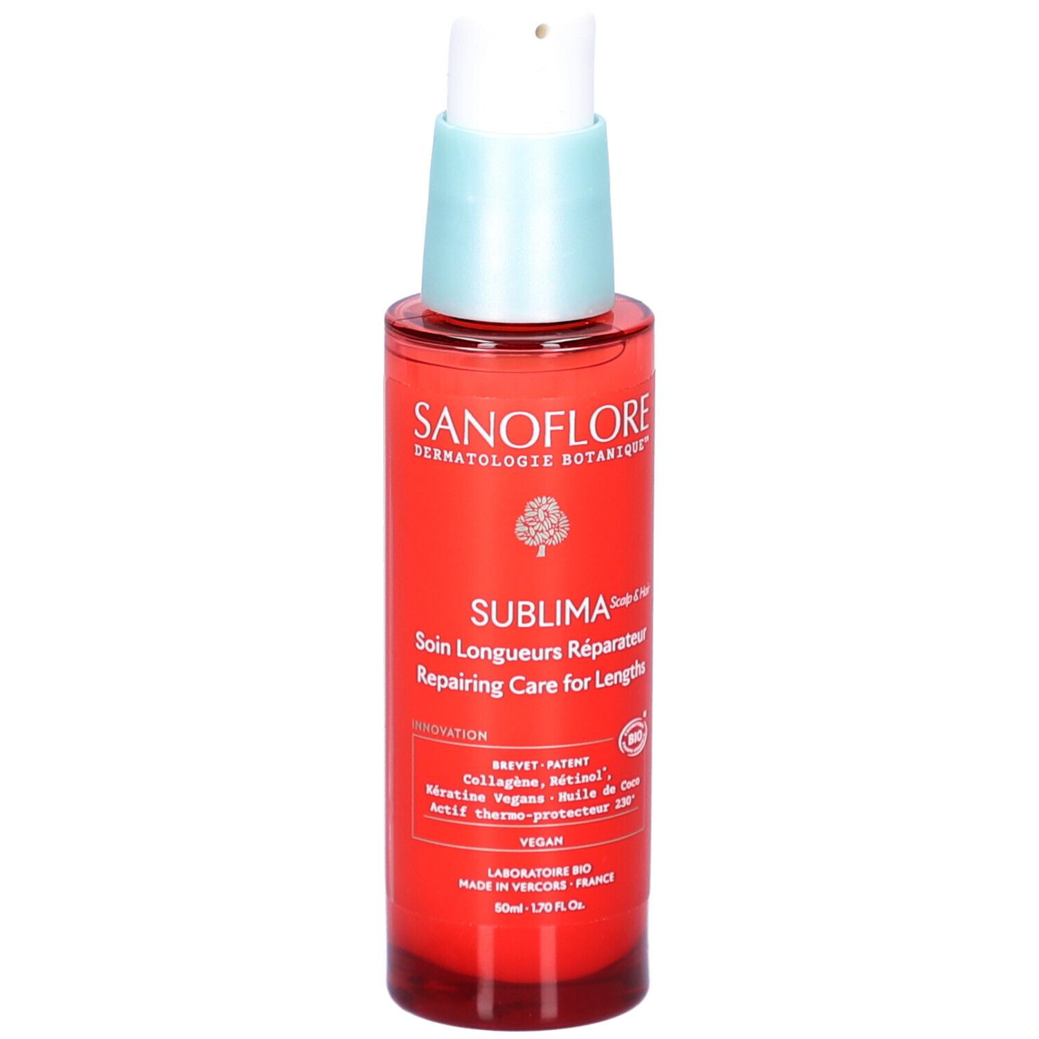 Flacon rouge avec pompe blanche. Inscriptions: SANOFLORE, SUBLIMA, Soin Longueurs Réparateur. Logo Vegan.